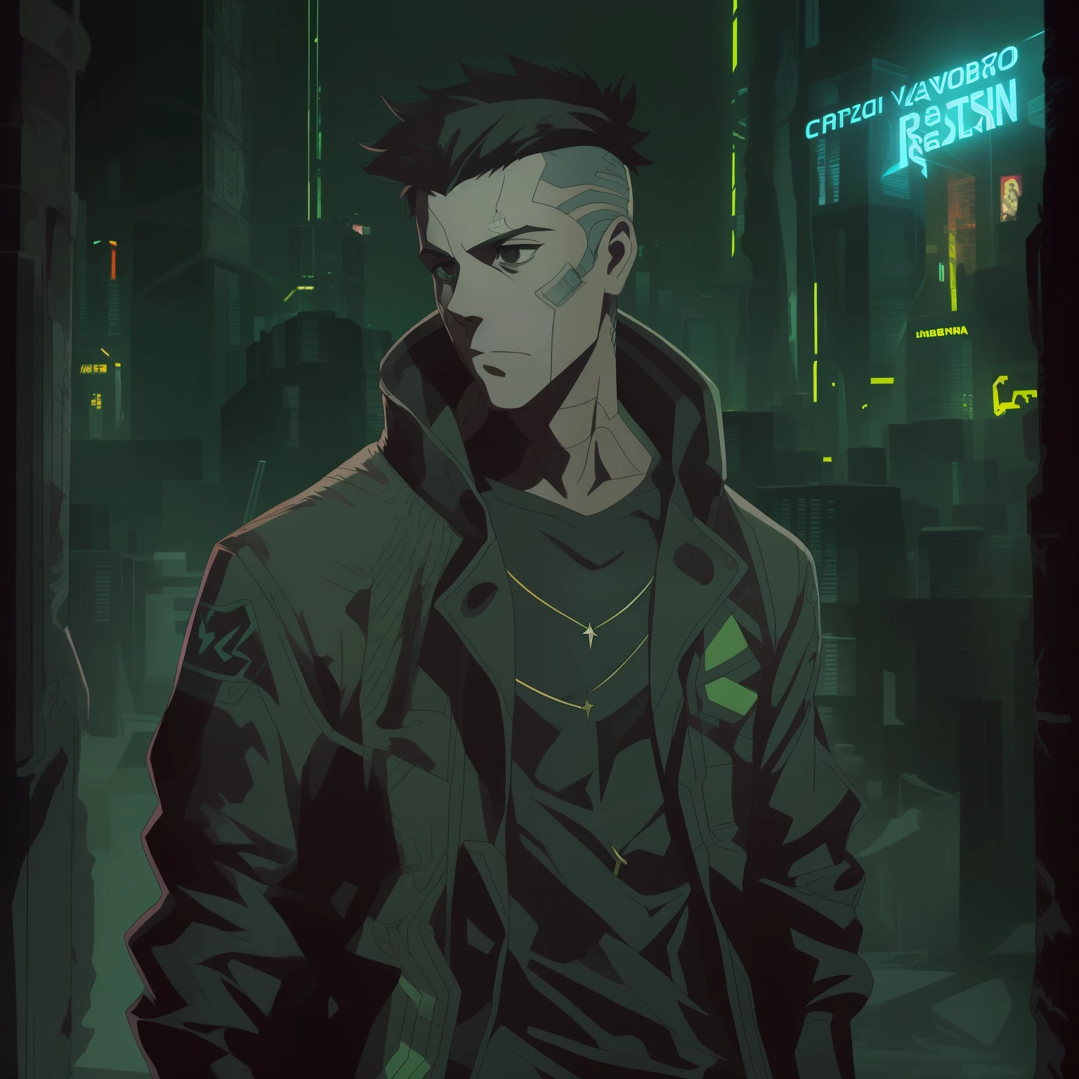 Crie a arte de um personagem humano jovem masculino, estatura mediana e porte normal, vestindo camiseta, jaqueta de trincheira longo da cor preta, estilo detetive noir, inspirado no jogo Shadowrun, cyberpunk noir fantasy