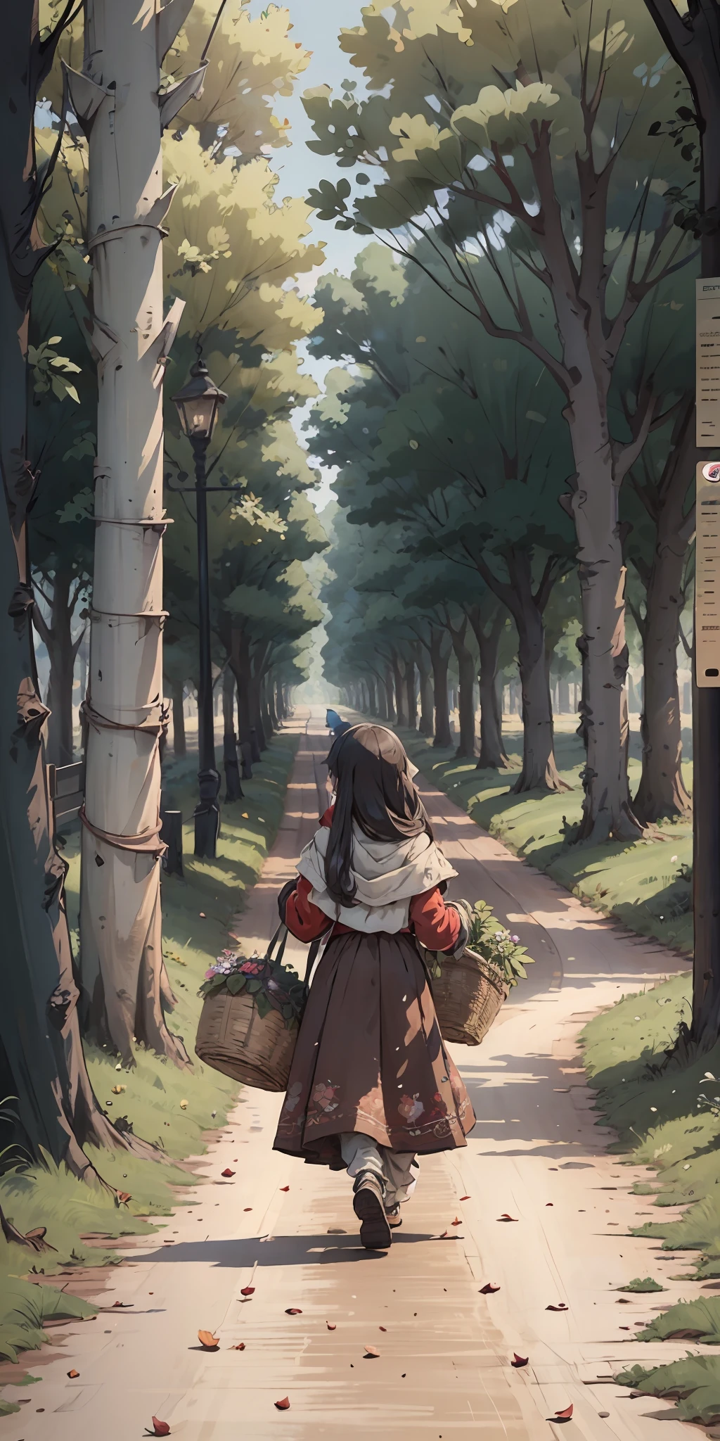 Best quality,Masterpiece,(Chibi comic style),Extremely detailed Cg Unity 8K wallpaper,littleredridinghood, Carrying a basket, Stroll along country roads,Perfect light and shadow