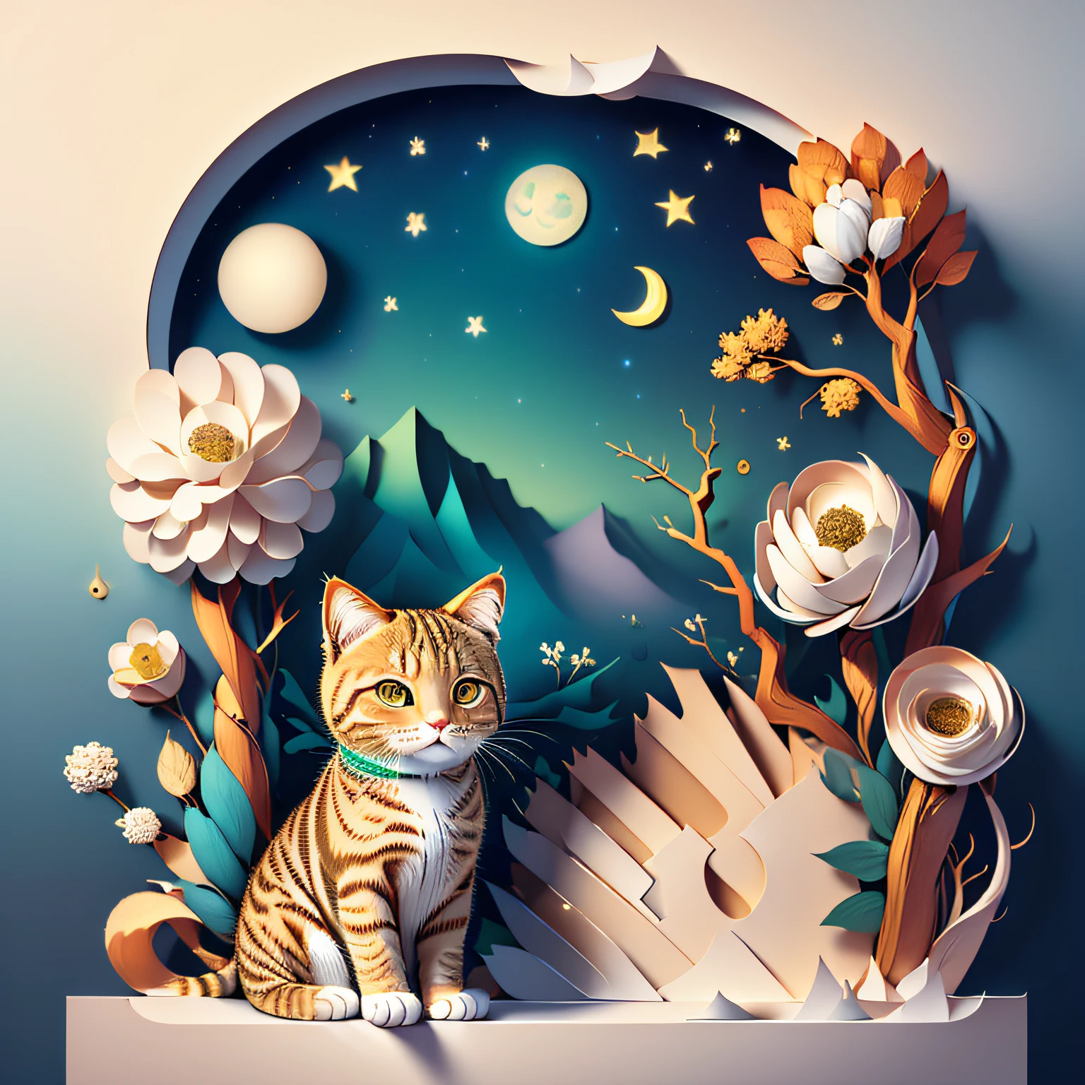 ((((masterpiece)))、top-quality、illustratio、({Tabby Cat))、Cat with a clear face、Beautiful details shine、
paper_cut、camera、The tree、a moon、natta