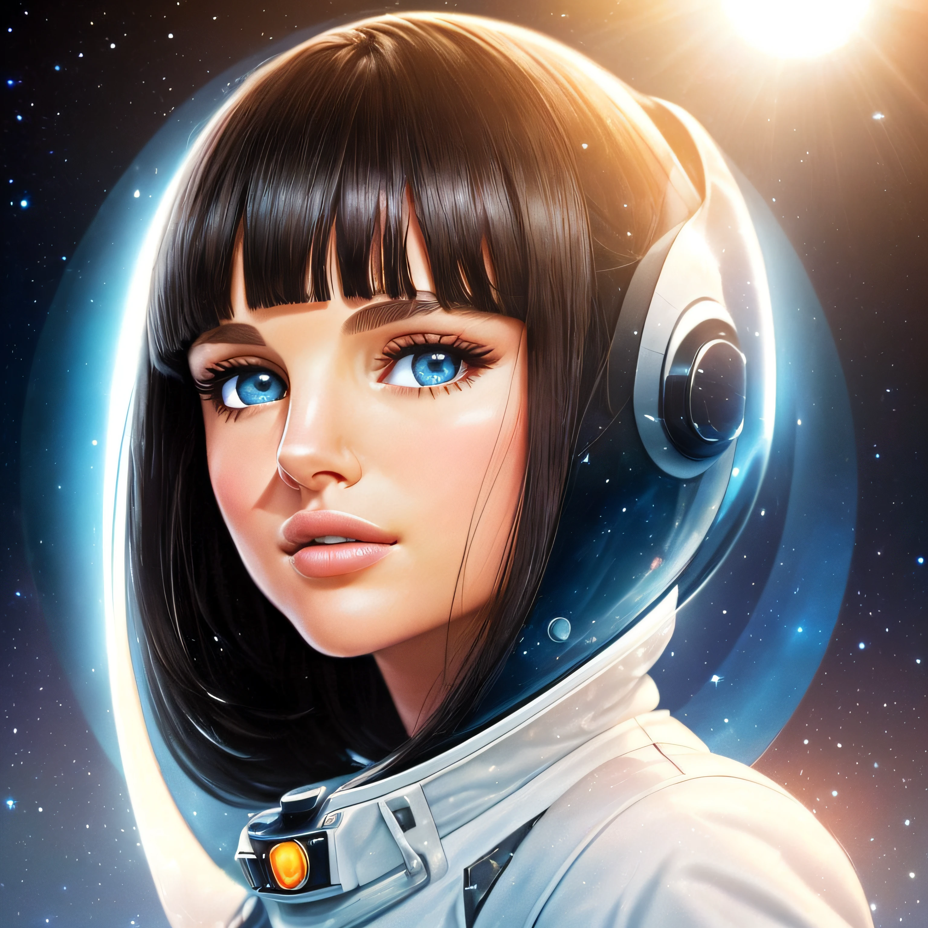 (((meio retrato))), (((there's Natalie Portman, this in a field, wears strong black makeup, black hair with straight bangs, which is sexy pose, she wears an astronaut suit without a helmet;))), (((Her piercing blue eyes, subtly blurred yet captivating))), (((Sun and Moon in the sky))), (((amazing galaxy visible in the background))), (((it's at night))), Beautiful digital illustration, pintura realista da menina bonito, (((iluminacao noite))),The lighting is expertly crafted, casting beautiful shadows and highlighting her features with professional precision. The background is softly blurred, emphasizing your presence while maintaining a sense of depth, The image showcases a film grain effect, adding an artistic touch and enhancing the overall atmosphere,