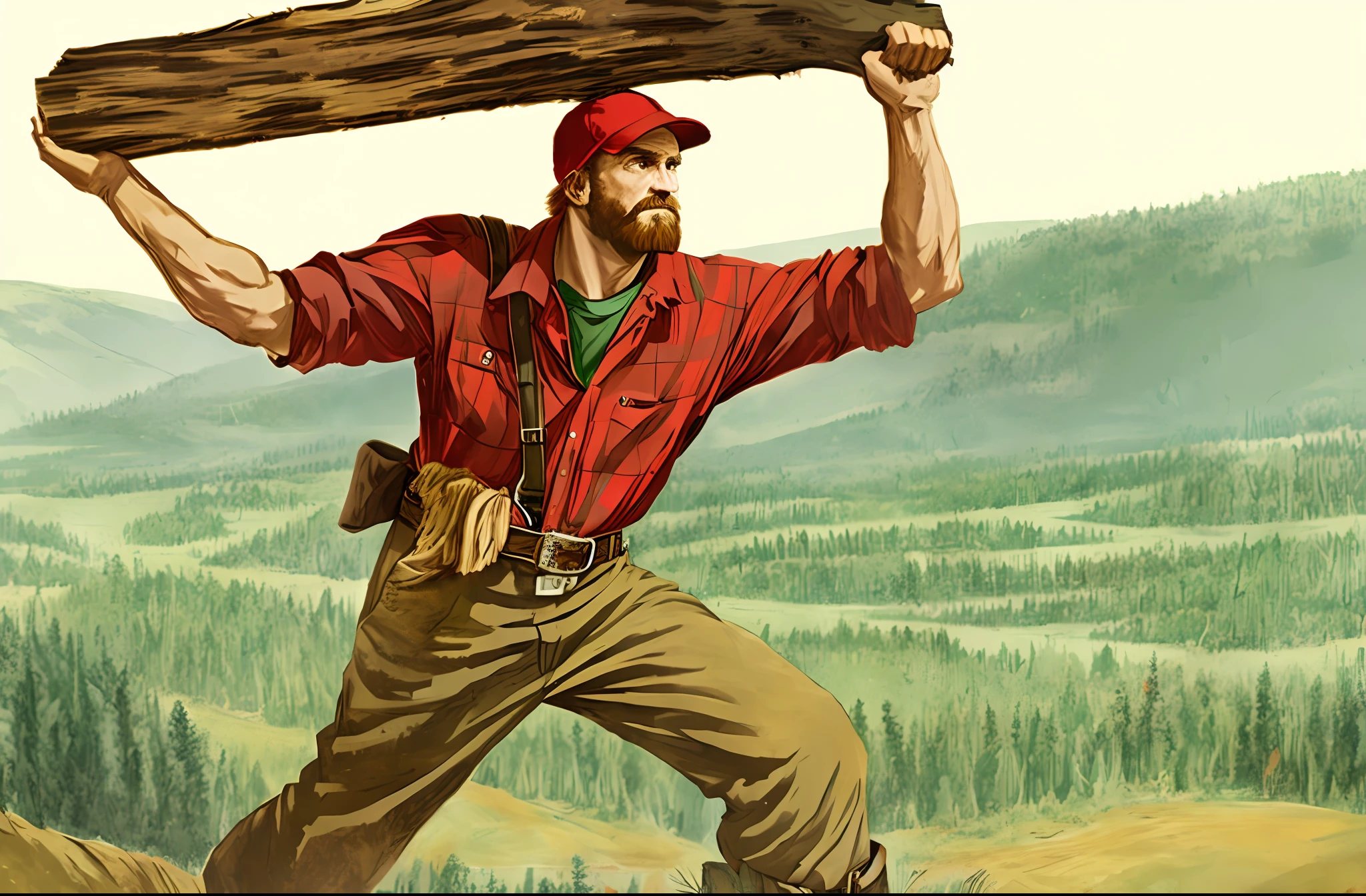 There was a man holding up a large log with both hands, Lumberjack, Wearing a red lumberjack shirt, yokel, sweaty and gross pioneer work, Holding an axe, with an axe, forestry, illustration!, Lumberjacks,Flannel red and black plaid shirt, Red Hat,An axe hangs from his belt,Inspired by Paul Bunyan