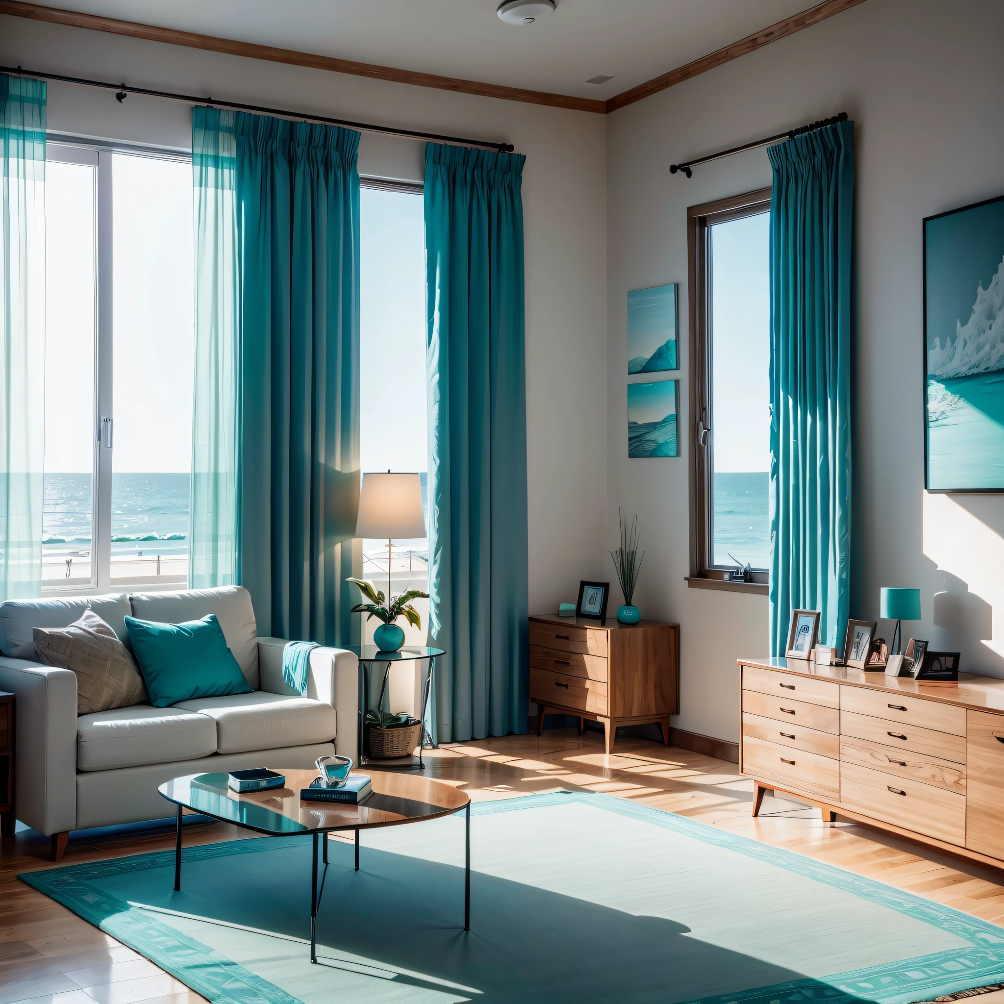 "Modern-style living room with a blend of lead gray and imitation wood grain MDF board, featuring a sea-facing window, turquoise curtain, and brown carpet."