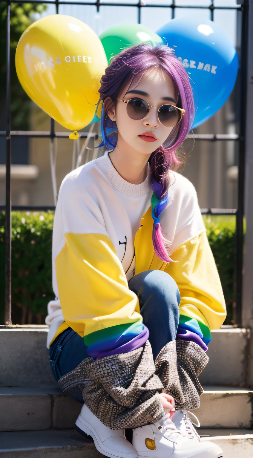 masterpiece, best quality,
1 girl, pretty and cute, (rainbow color Highlight Hair,colorful hair:1.4), wearing blue and purple sunglasses, yellow jacket with white pattern, white sweater, many colored balloons, doll face, ponytail braid, perfect detail eyes, delicate face, perfect cg, HD quality, colored balloons, sky ,black boots