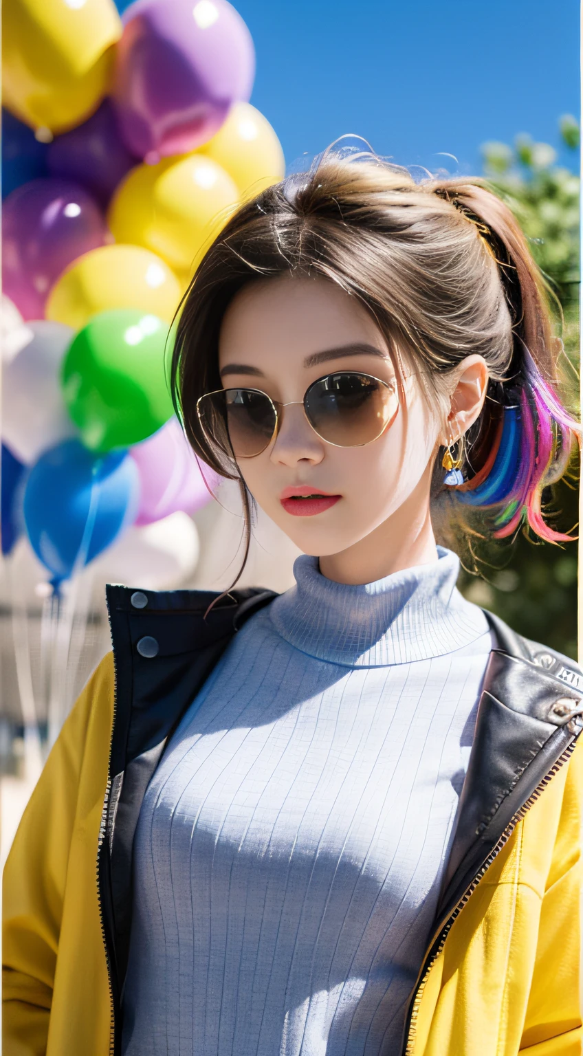 masterpiece, best quality,
1 girl, pretty and cute, (rainbow color Highlight Hair,colorful hair:1.4), wearing blue and purple sunglasses, yellow jacket with white pattern, white sweater, many colored balloons, doll face, ponytail braid, perfect detail eyes, delicate face, perfect cg, HD quality, colored balloons, sky ,black boots