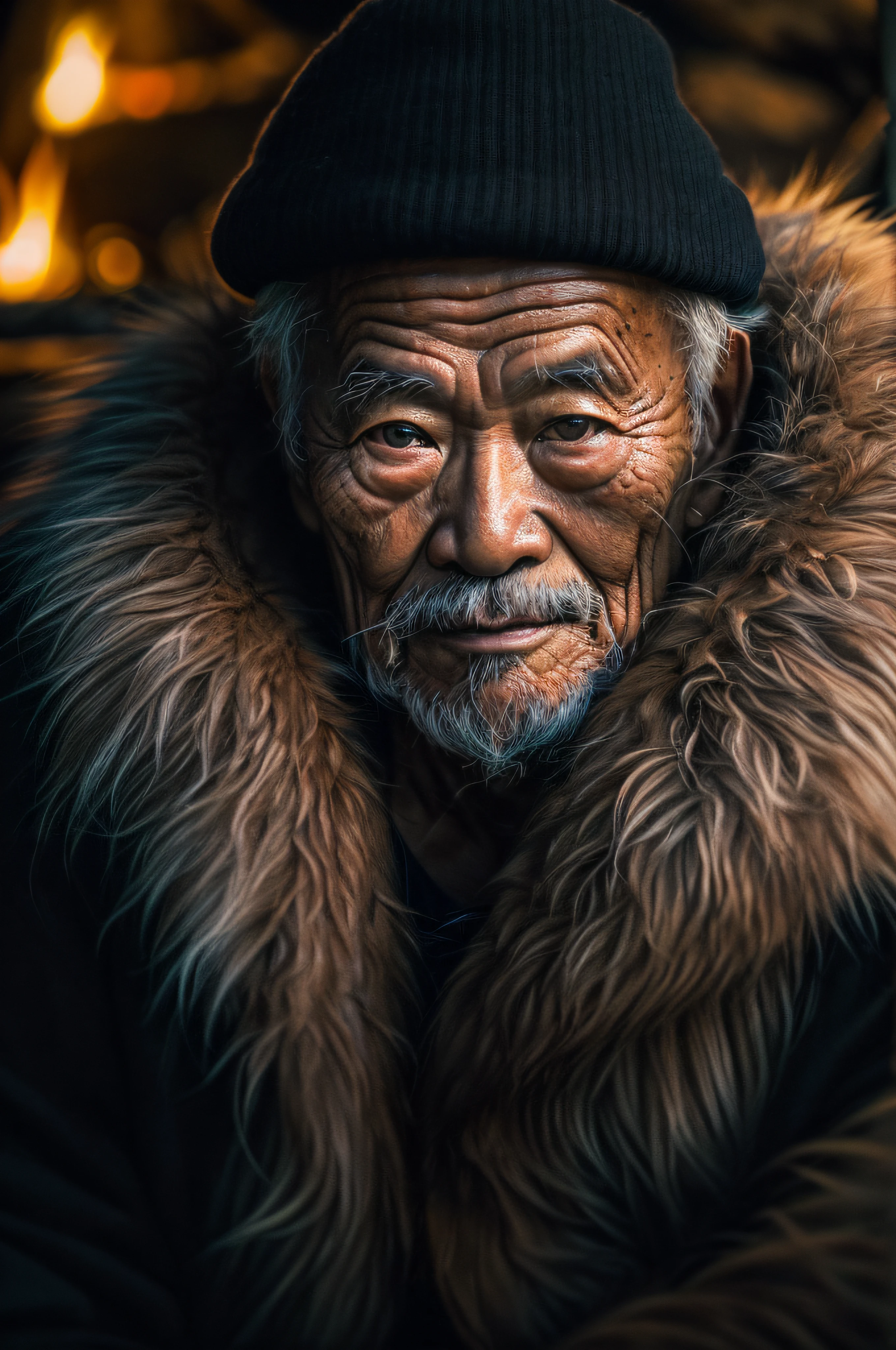 (masterpiece, photorealistic, raw,:1.4), (extremely intricate:1.2), close up, cinematic light, sidelighting, ultra high res, best shadow, RAW, upper body,a close up shot photo of a Vietnamese old man, wearing a thick fur coat, sitting by the camp fire in the middle of the night