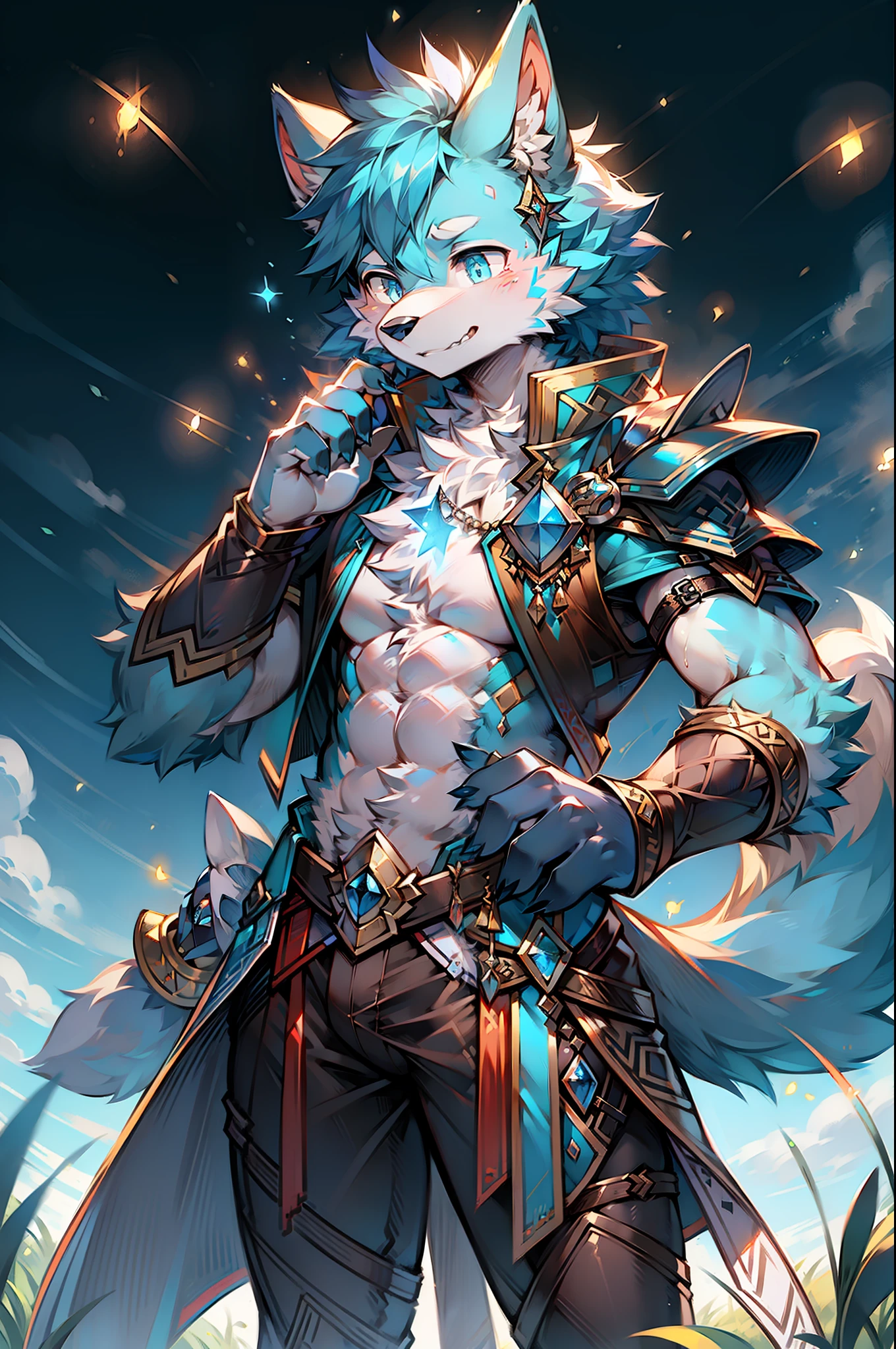 solo person,Wolf head,Wolf tail,male people,musculature,sexy
Light blue ears,Pale blue hair,Sky blue pupils,There is fur on both arms,There is fur on the legs,The whole body is covered with fur,being in the grassland,Behind it is a starry sky,Wearing Mage Light Armor,Fireflies all around,Melee Mage,sideface,Look at the fireflies that fly to the palm of your hand
