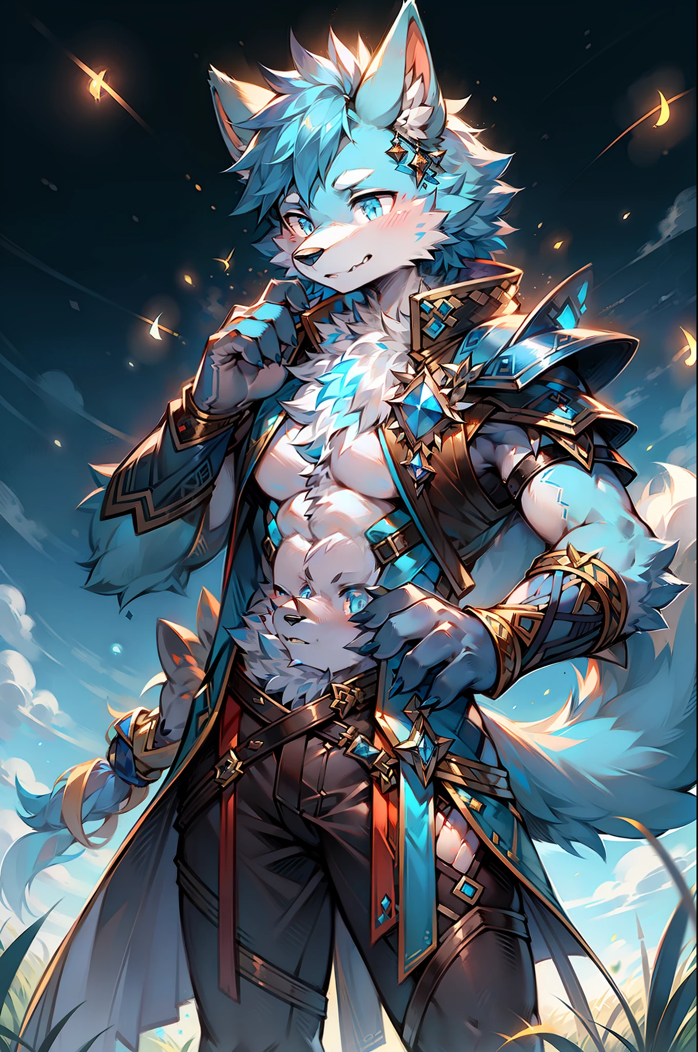 solo person，Wolf head，Wolf tail，male people，musculature，sexy
Light blue ears，Pale blue hair，Sky blue pupils，There is fur on both arms，There is fur on the legs，The whole body is covered with fur，being in the grassland，Behind it is a starry sky，Wearing Mage Light Armor，Fireflies all around，Melee Mage，sideface，Look at the fireflies that fly to the palm of your hand