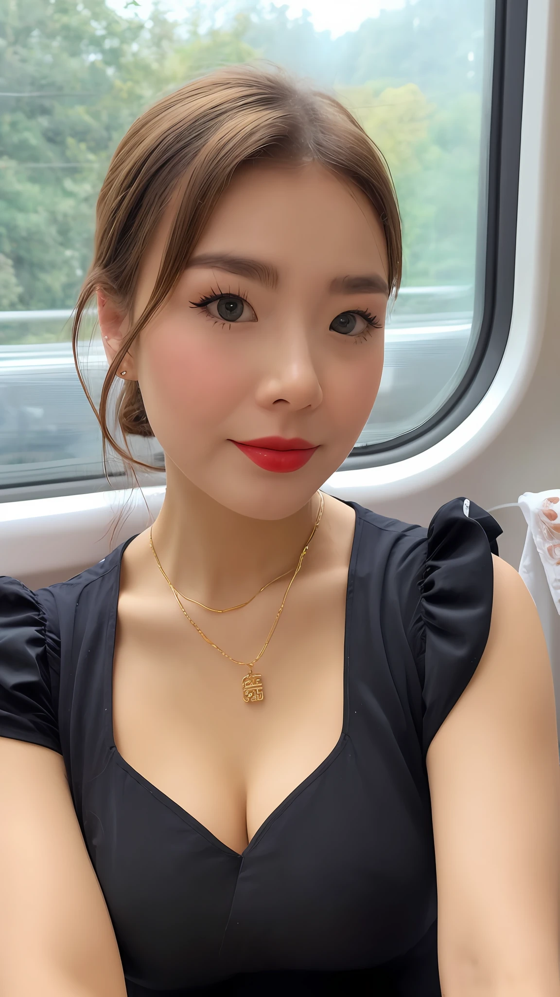 Araf woman in black dress sitting on train looking at camera, 2 8 years old, 2 7 years old, 2 9 years old, 3 2 - year - old, 30 year-old woman, 3 0 years old woman, 38 years old, Gorgeous young Korean woman, 3 6 years old, beautiful Korean women, 2 3 years old, 8k selfie photograph