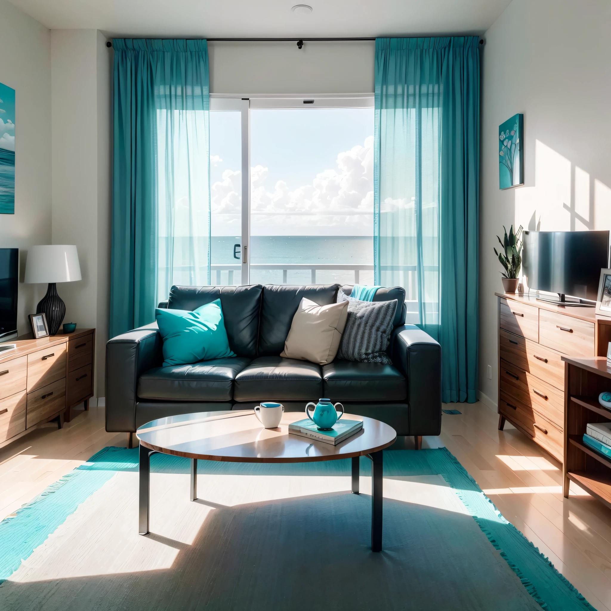 "Modern-style living room with a blend of lead gray and imitation wood grain MDF board, featuring a sea-facing window, turquoise curtain, and brown carpet."