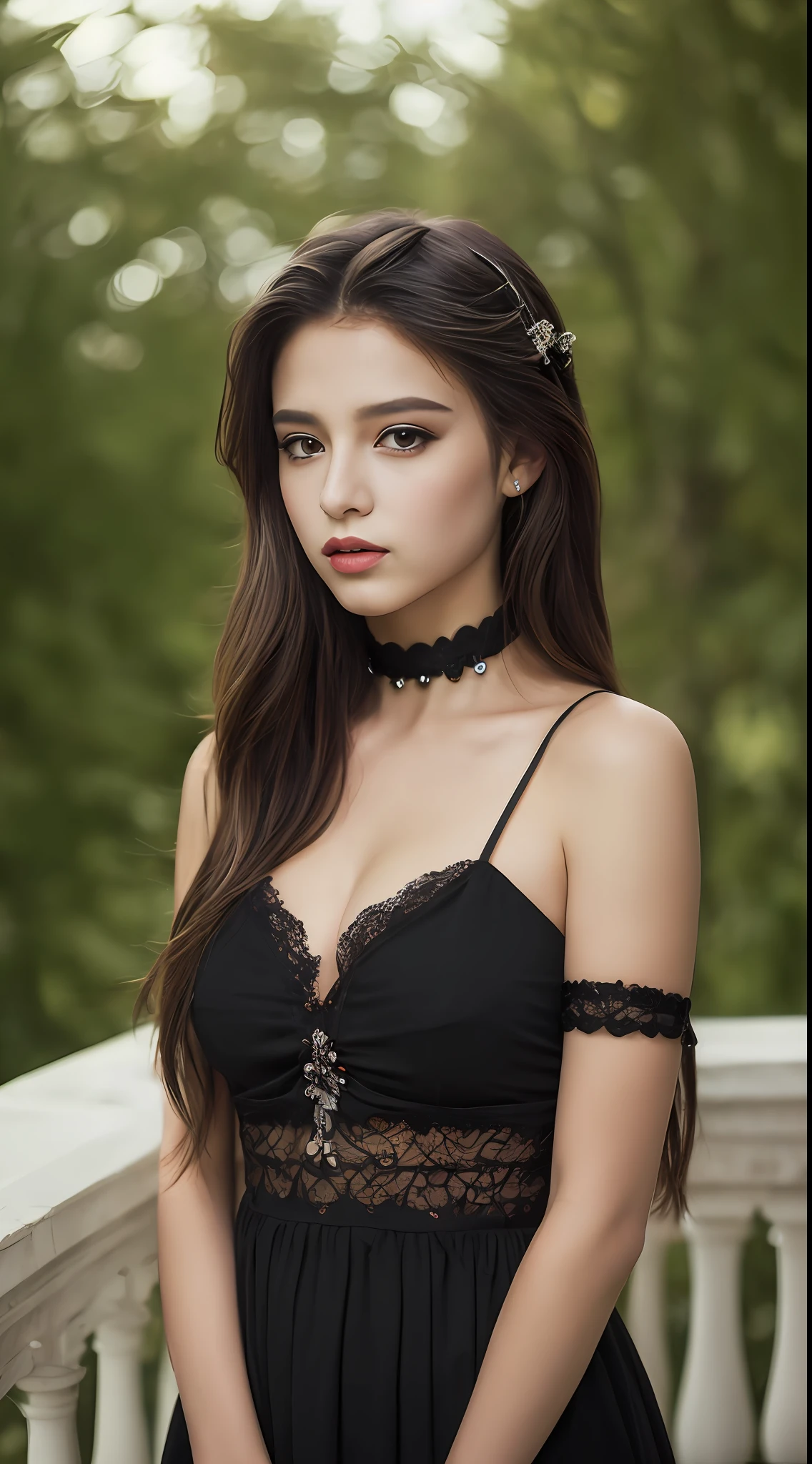 ((Best Quality, 8K, Masterpiece :1.3)), a 1girl, a handsome female, (black hair, big breasts: 1.2), black dress: 1.2, Ultra-Delicate Face, gentle eyes, black lipstick, choker