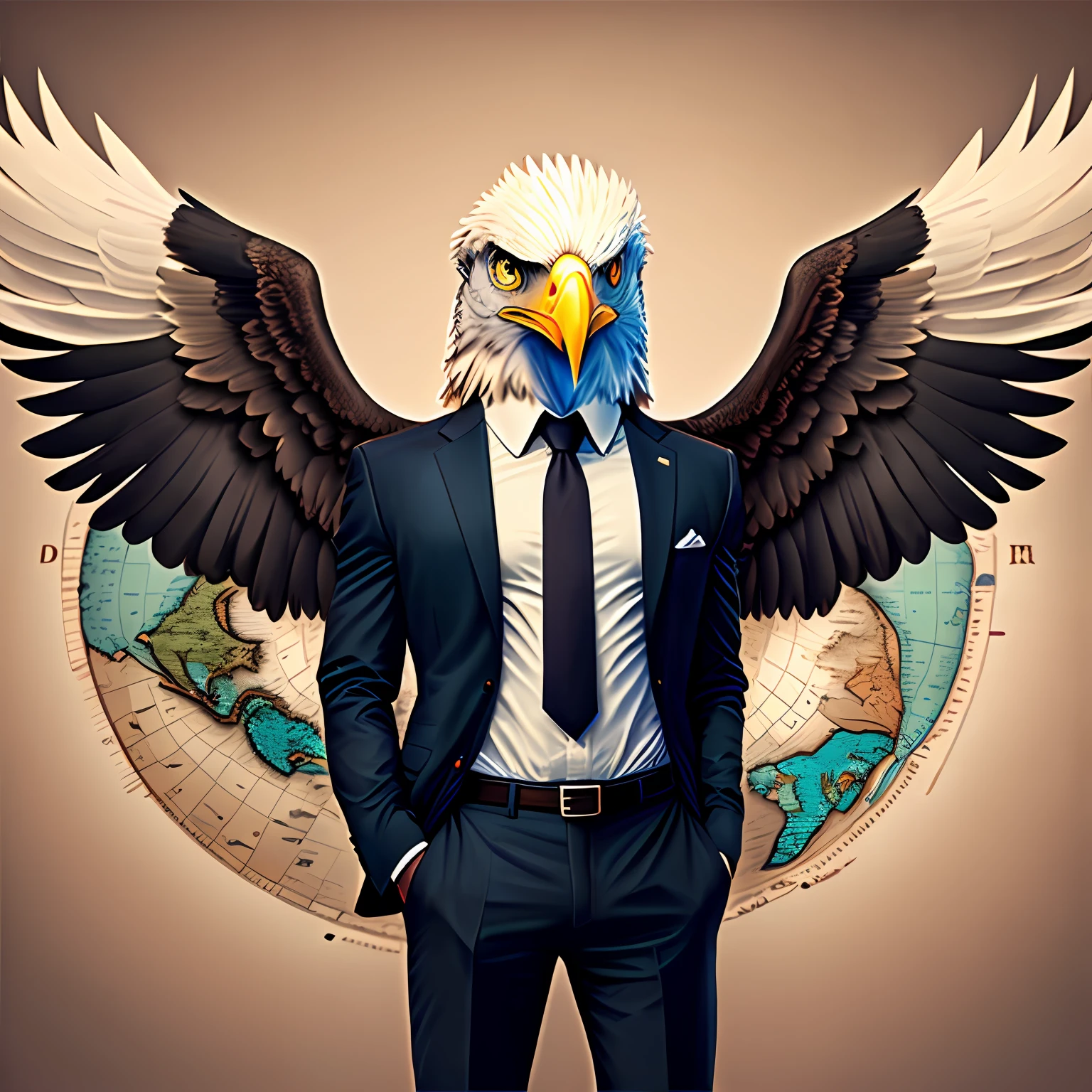 the head of a bald eagle, the human body,no wings,wear a suit,put your hands in your pants pockets,a proud expression,behind it is the world map,