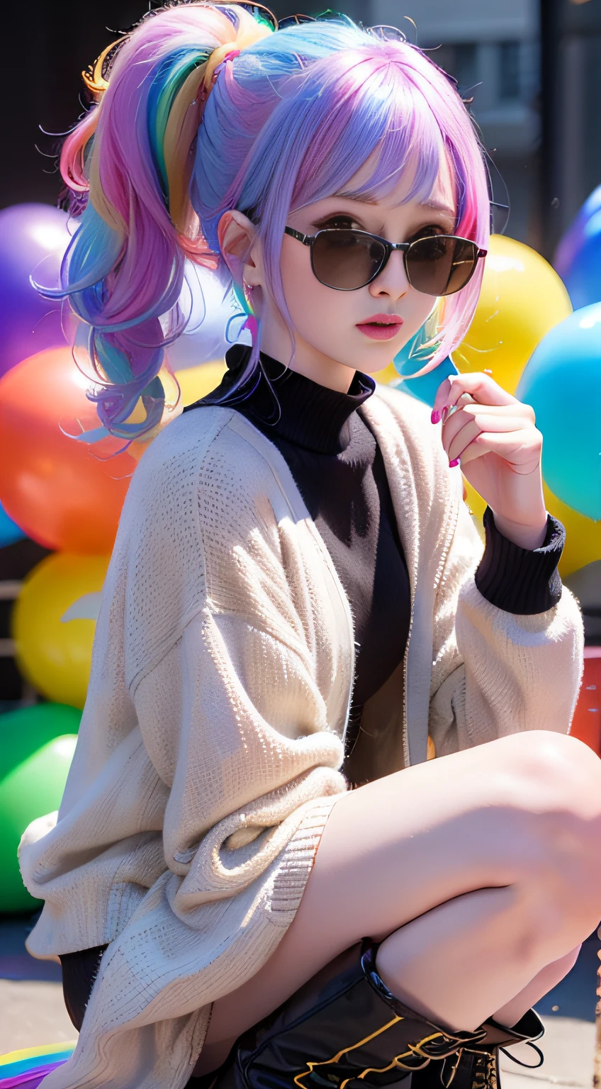 masterpiece, best quality,
1 girl, pretty and cute, (rainbow color Highlight Hair,colorful hair:1.4), wearing blue and purple sunglasses, yellow jacket with white pattern, white sweater, many colored balloons, doll face, ponytail braid, perfect detail eyes, delicate face, perfect cg, HD quality, colored balloons, sky ,black boots