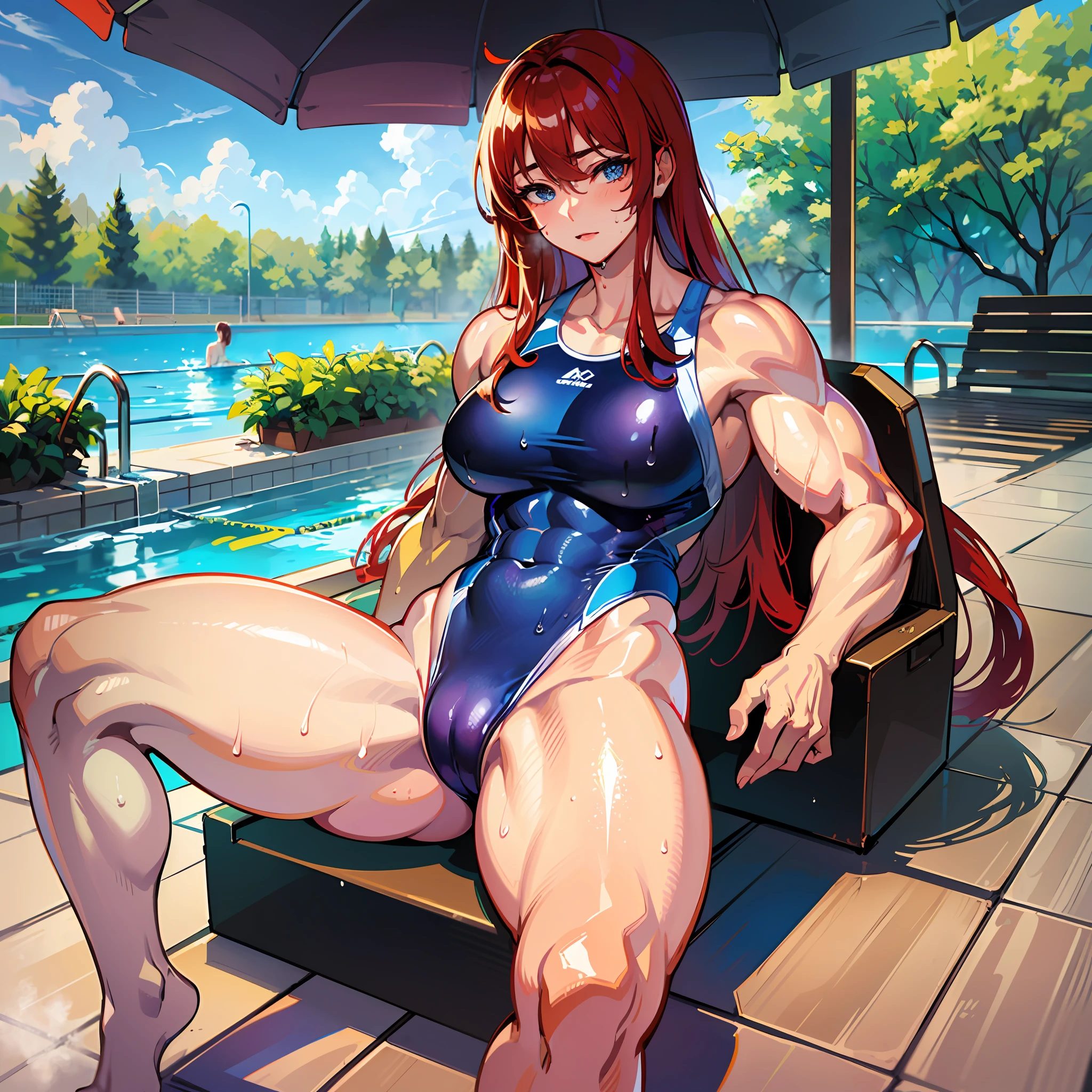 ((​masterpiece))、((Top image quality))、((top-quality))、(((Illustration of one woman)))、(((muscle woman)))、full body Esbian、((30-years old))、((neuter))、(long hair with red hair)、Blue eyes、((Long body))、(((perspiring)))、((Steam wafting all over the body))、((Body wet with sweat))、(((Muscular and strong body)))、((Split abs))、(((muscular and thick arms)))、(((muscular and thick thighs)))、((manspreading))、((Sports Swimwear))、Sitting on a deck chair、in poolside