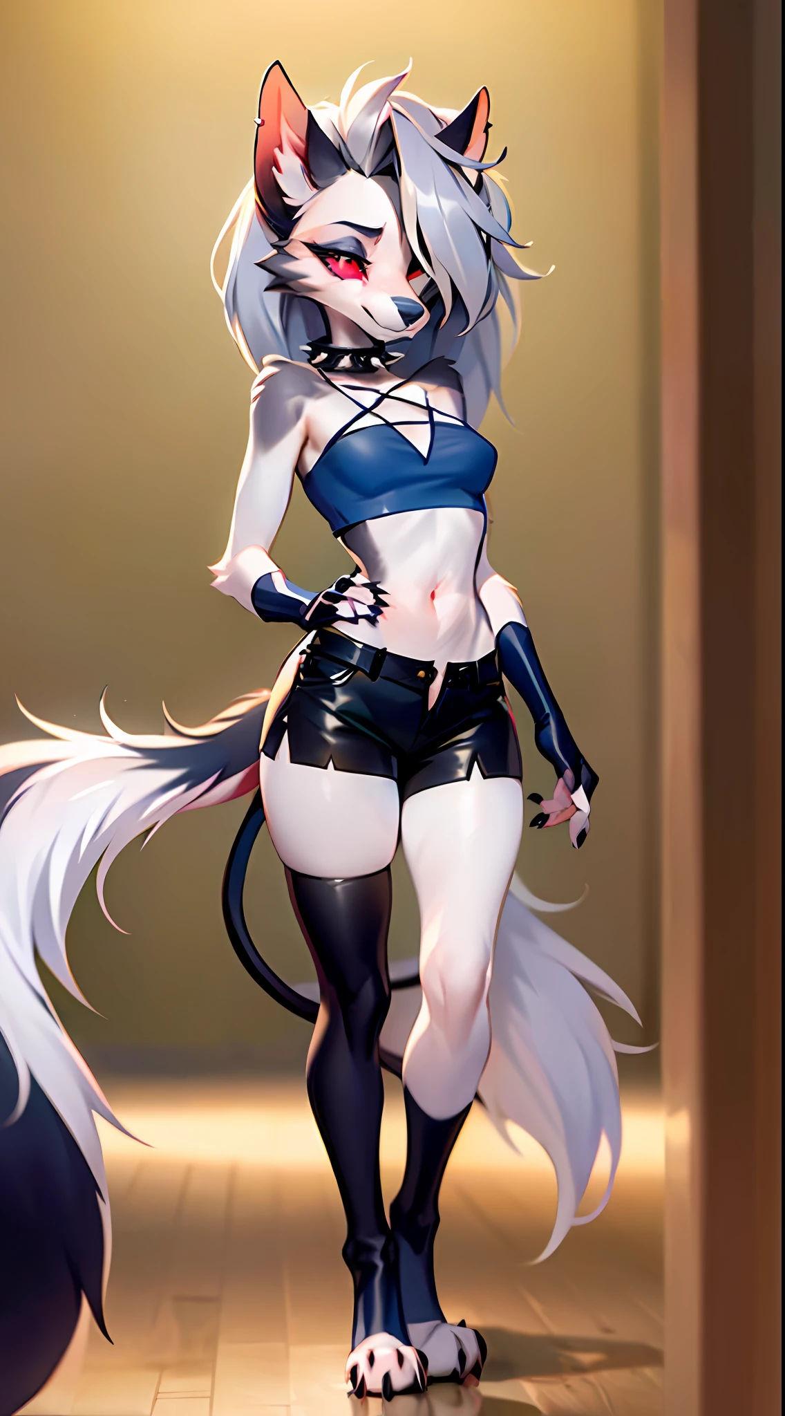 highres, 1girl, (((hair cover one eye, loona shorts, detailed face, spiked collar, pentagram on chest, long legs, bored face, feet, loona tail, room ,indoors, loona gloves, standing and leaning against background))), solo,  crop top,  medium breasts,  full body, tummy, slim waist, big hips, ((((front)))), loona, black thighhighs, furry, fur, anthro, red eyes, paws