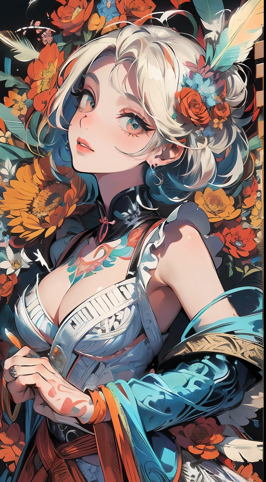 (masterpiece, top quality, best quality, official art, beautiful and aesthetic:1.2), (1girl:1.3), extremely detailed,(fractal art:1.1),(colorful:1.1)(flowers:1.3),highest detailed,(zentangle:1.2), (dynamic pose), (abstract background:1.3), (shiny skin), (many colors:1.4), ,(earrings:1.4), (feathers:1.4)