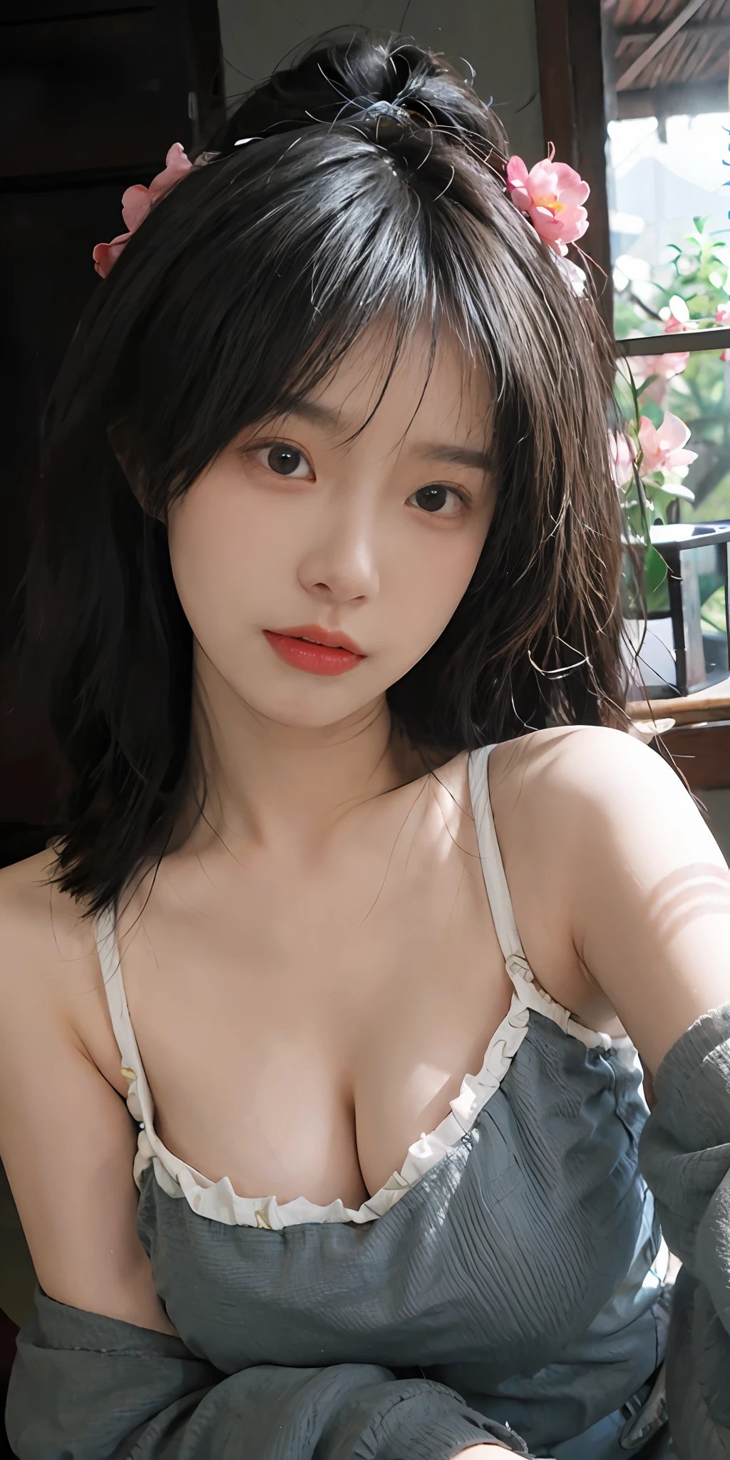 best qualtiy， 超高分辨率， （realisticlying：1.4）， one-girl， A pair of clear and moving peach blossom eyes,Royal Sister，a sense of atmosphere，a beauty girl， （Huge room：1.4）， looking at viewert， closeup cleavage ，