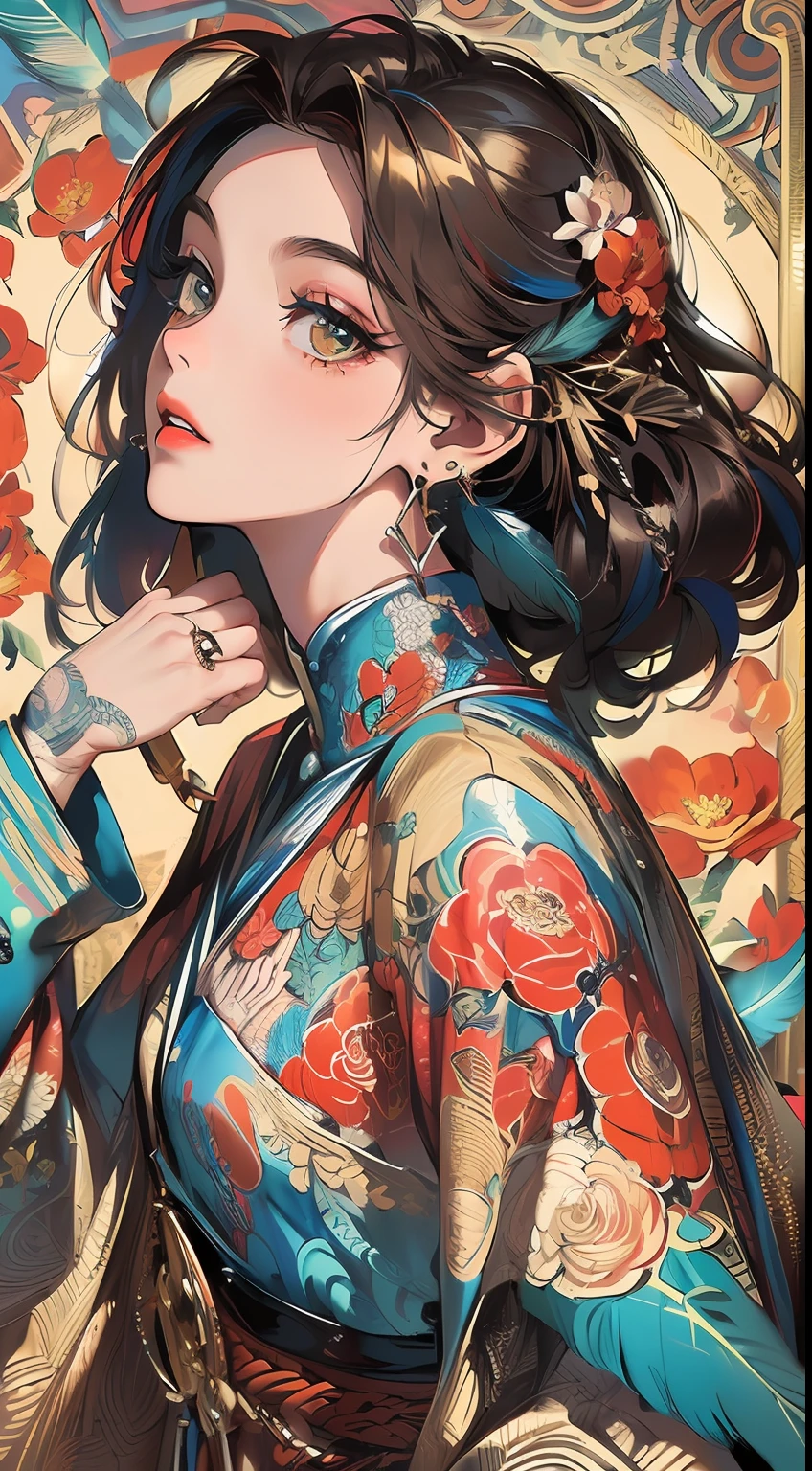 (masterpiece, top quality, best quality, official art, beautiful and aesthetic:1.2), (1girl:1.3), extremely detailed,(fractal art:1.1),(colorful:1.1)(flowers:1.3),highest detailed,(zentangle:1.2), (dynamic pose), (abstract background:1.3), (shiny skin), (many colors:1.4), ,(earrings:1.4), (feathers:1.4)