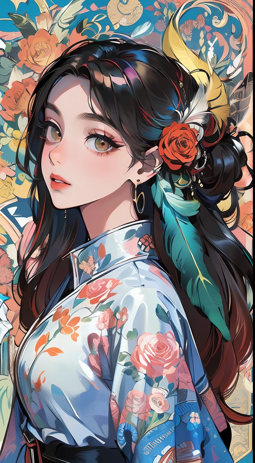 (masterpiece, top quality, best quality, official art, beautiful and aesthetic:1.2), (1girl:1.3), extremely detailed,(fractal art:1.1),(colorful:1.1)(flowers:1.3),highest detailed,(zentangle:1.2), (dynamic pose), (abstract background:1.3), (shiny skin), (many colors:1.4), ,(earrings:1.4), (feathers:1.4)