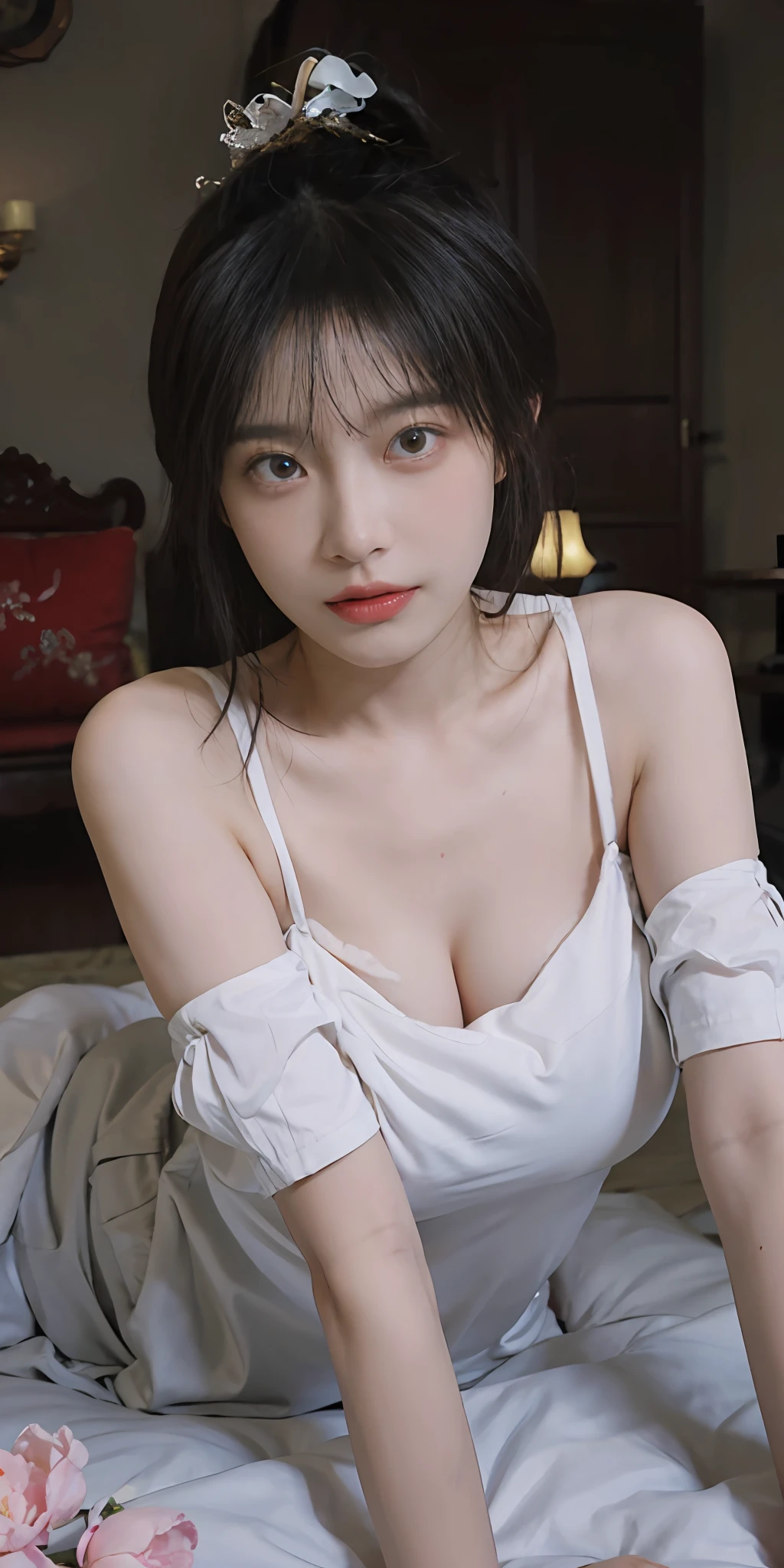 best qualtiy, 超高分辨率, (realisticlying:1.4), one-girl, A pair of clear and moving peach blossom eyes,Royal Sister,a sense of atmosphere,a beauty girl, (Huge room:1.4), looking at viewert, closeup cleavage ,