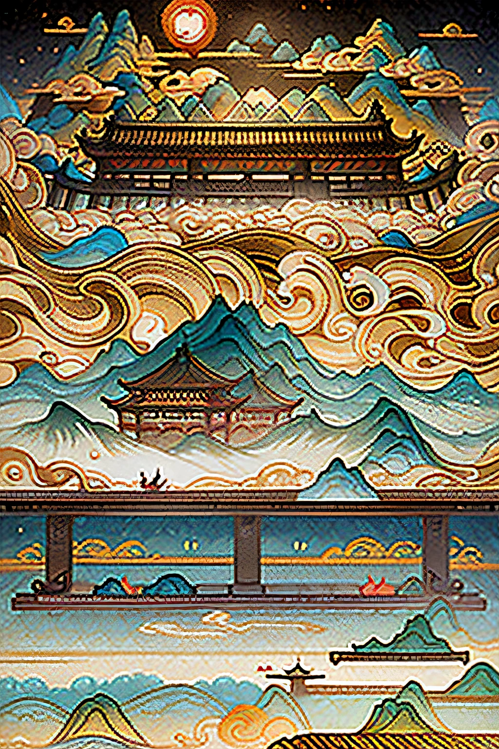 An ancient Chinese painting, ancient Chinese background, mountains, rivers, auspicious clouds, pavilions, sunshine, masterpieces, super detail, epic composition, ultra HD, high quality, extremely detailed, official art, unified 8k wallpaper, Super detail, 32k -- v 6