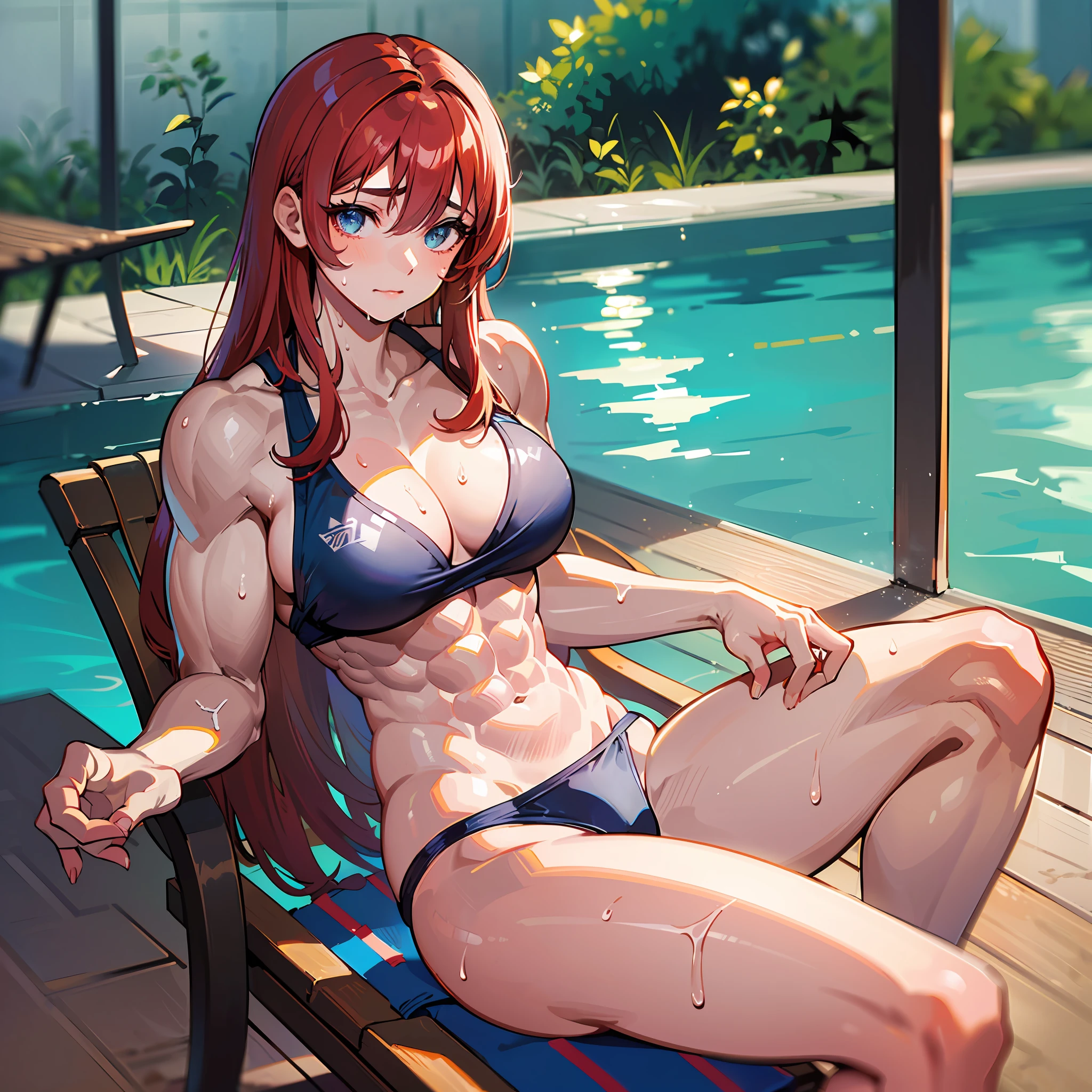 ((masterpiece))、((Top image quality))、((top-quality))、(((Illustration of one woman)))、(((muscle woman)))、full body Esbian、((30-years old))、((neuter))、(long hair with red hair)、Blue eyes、((Long body))、(((perspiring)))、((Steam wafting all over the body))、((Body wet with sweat))、(((Muscular and strong body)))、((Split abs))、(((muscular and thick arms)))、(((muscular and thick thighs)))、((manspreading))、((Sports Swimwear))、Sitting on a deck chair、in poolside