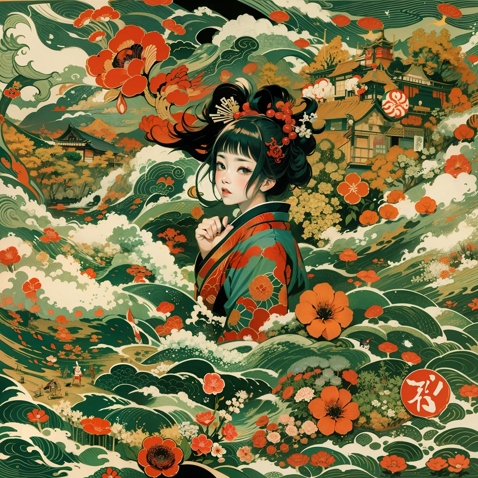ukiyoe painting、kabuki、A logo、pixel art、games、jpn、Hinomaru