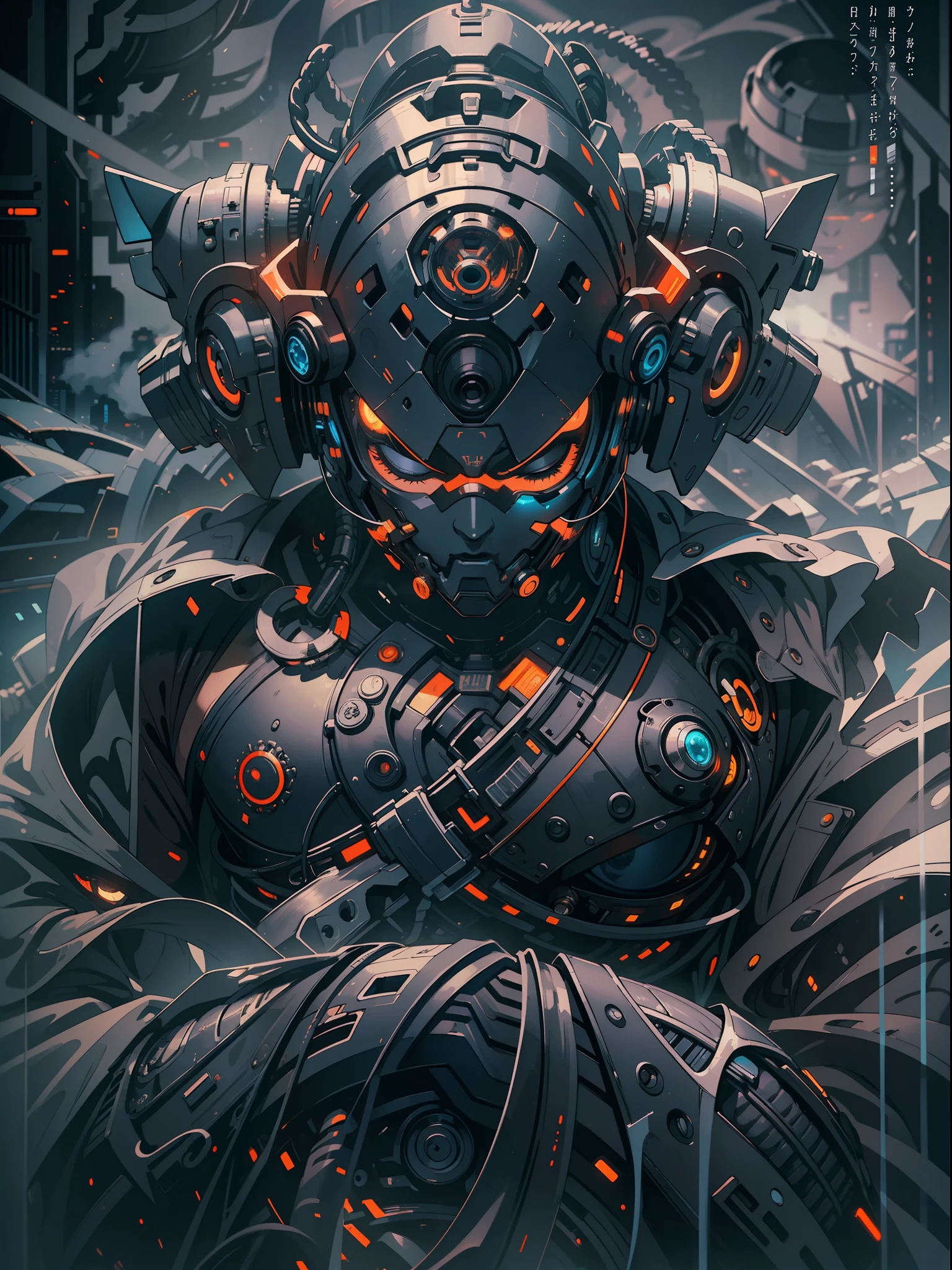 (((Masterpiece))),(((Best quality))),(((Amazing detail))),((illustration)),((A high resolution)),((8K)),Buddha,Buddha nimbus,Buddhist backlight,eyes closed,chiaroscuro,cyberpunk,mecha,metal material,neon light,pov,from below,dark fantasy,Black atmosphere,overcast,realistic,Photorealistic painting art,Rich texture,complex headwear,the whole body,full body,gear background,steam,