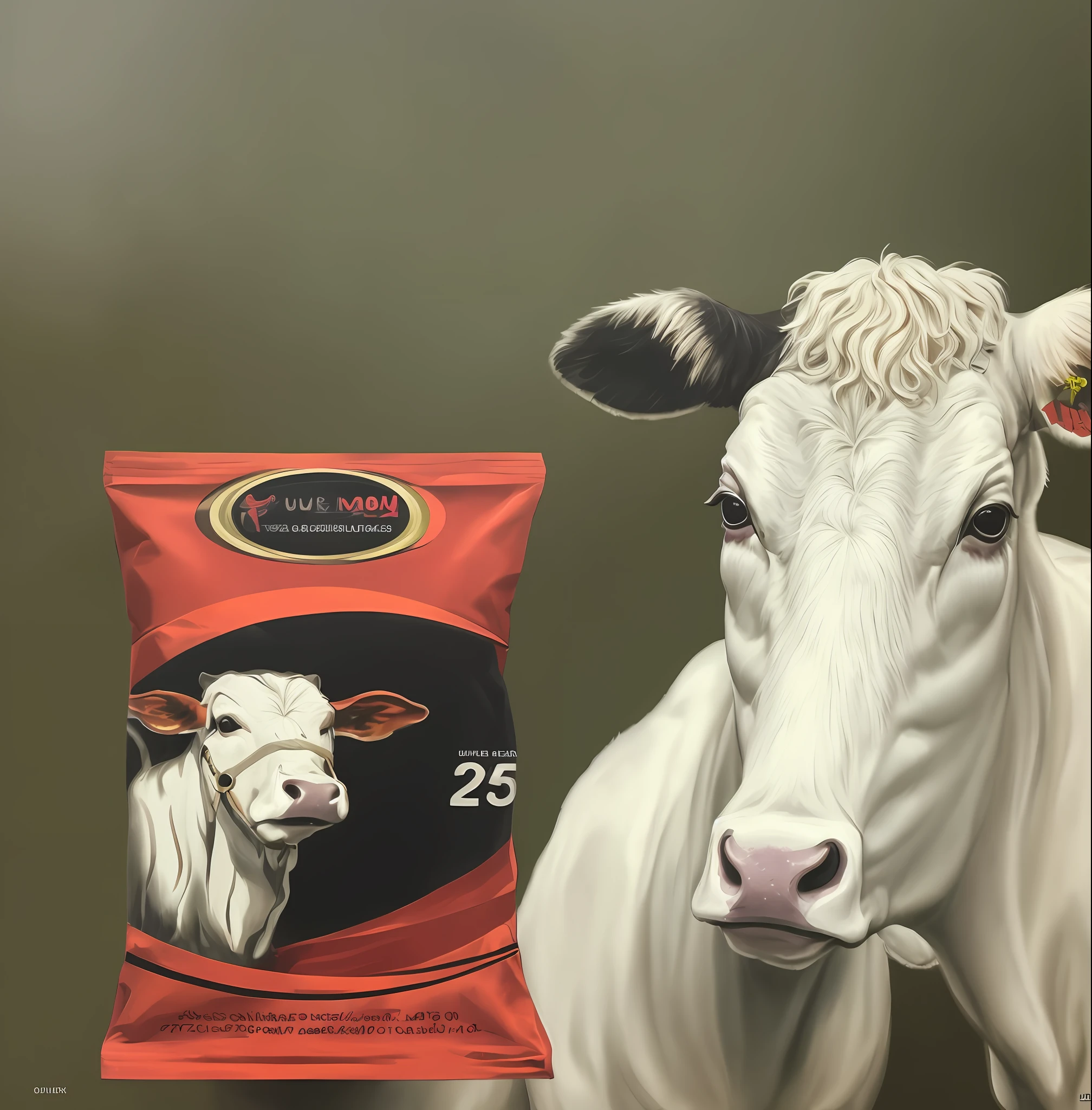 um close up de um saco de sal mineral para bovinos com uma vaca sobre ele, foto do produto, imagemm do produto, imagemm do produto de alta qualidade", no fundo branco, vaca, imagemm de listagem, 2 1 Century, sem antecedentes, corpo inteiro, corpo inteiro, patriotismo, tecido gengival, foto oficial do produto, Retrato N - 9, imagem, Bovina, 2 5 anos