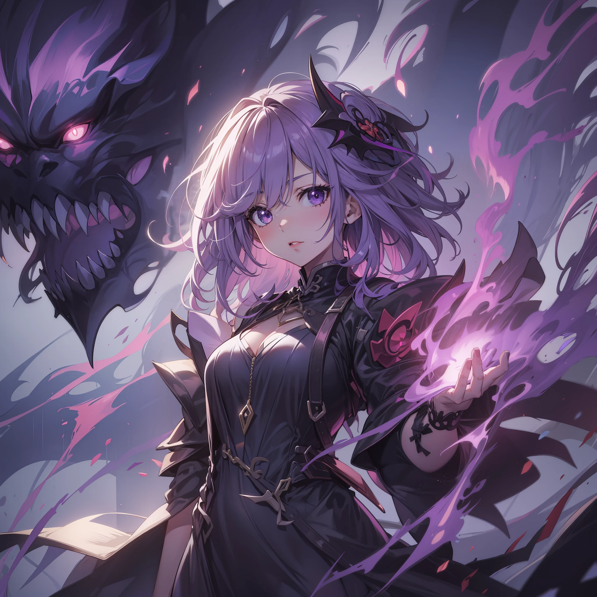 Anime girl, purple hair, cleavage, large breasts, sexy, skinny, tight dress, seductive,