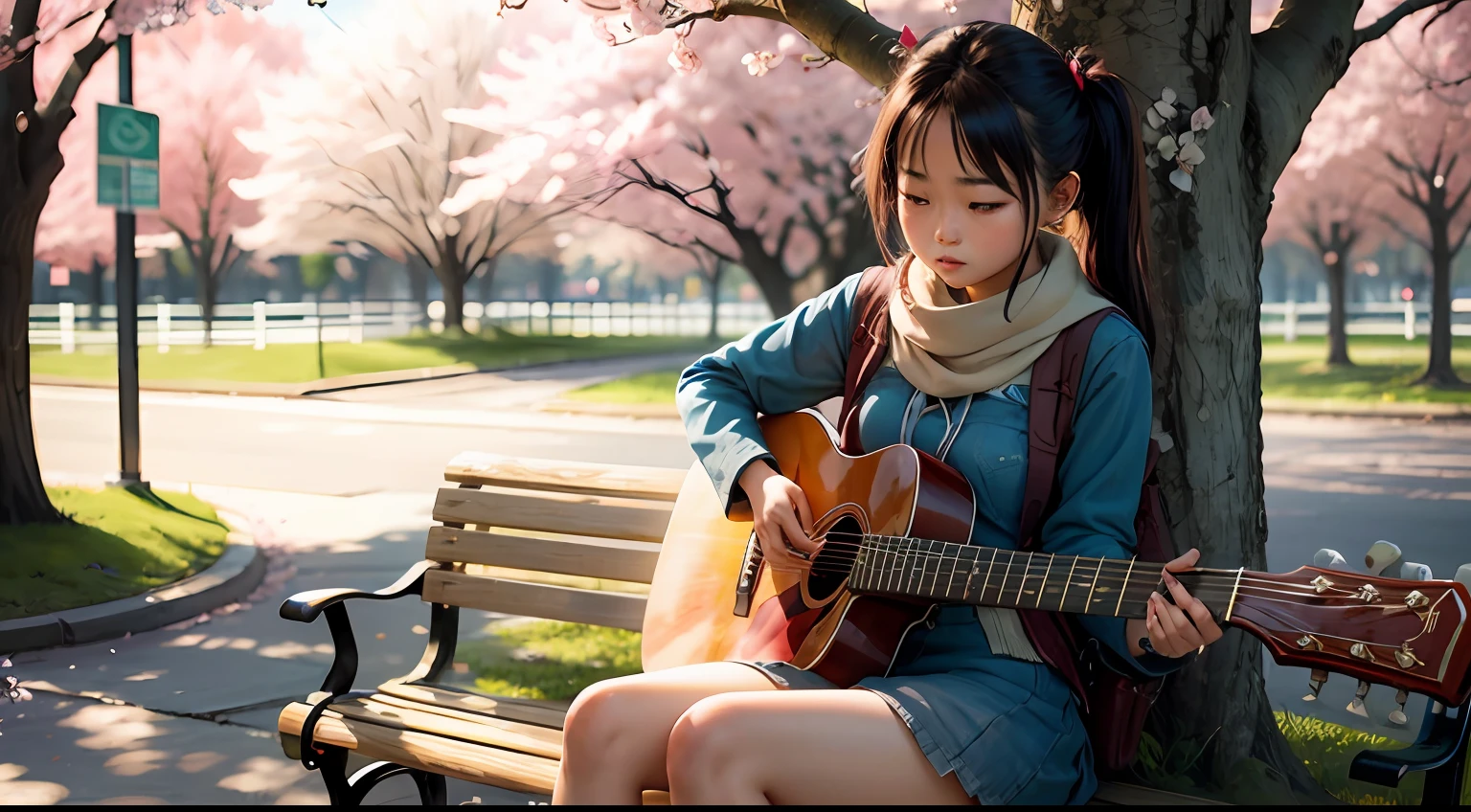 Asian beautiful girl with sad face sitting on a bench, holding a guitar, under the cherry blossom tree --auto