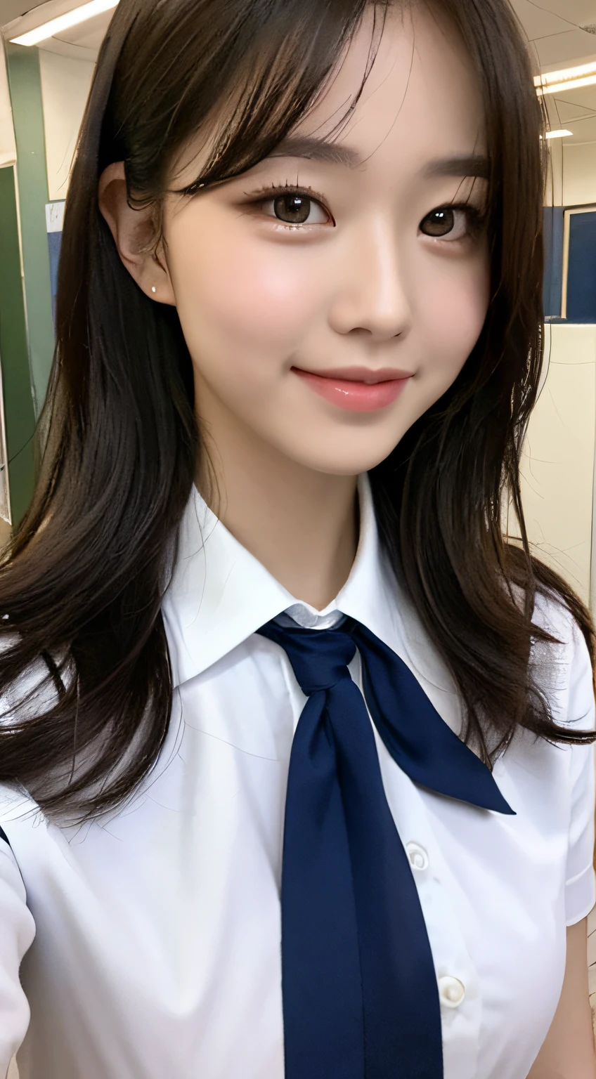 Highly detailed 8k wallpaper), sharp focus, detailed, dramatic, delicate and beautiful schoolgirl, white shirt, navy blue ribbon collar, dark blue pleated micro mini, sexy, smile, peek at the viewer, graphics beautiful, bright school building, full of students, show the whole body,.