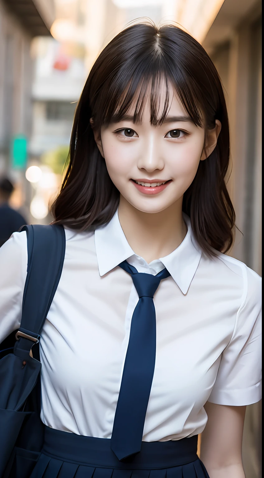 Highly detailed 8k wallpaper), sharp focus, detailed, dramatic, delicate and beautiful schoolgirl, white shirt, navy blue ribbon collar, dark blue pleated micro mini, sexy, smile, peek at the viewer, graphics beautiful, bright school building, full of students, show the whole body,.
