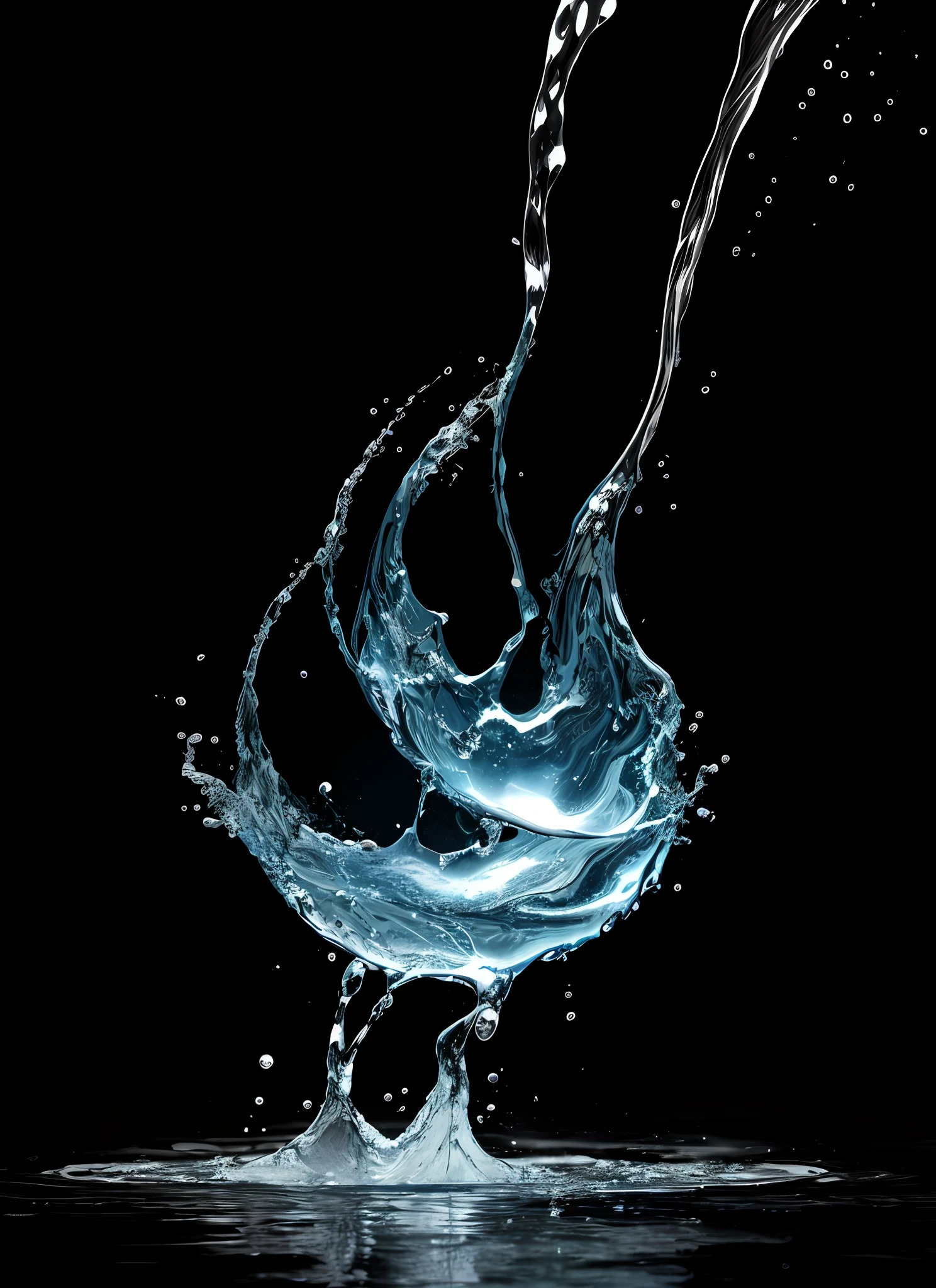 a close up of a water splash on a black background, water particle in front, liquid fire, simulation of water splashes, water splash, on a black background, water swirling, water art photoshop, on black background, water element, photoshop water art, water powers water swirling, there is water splash, water splashing, black-water-background
