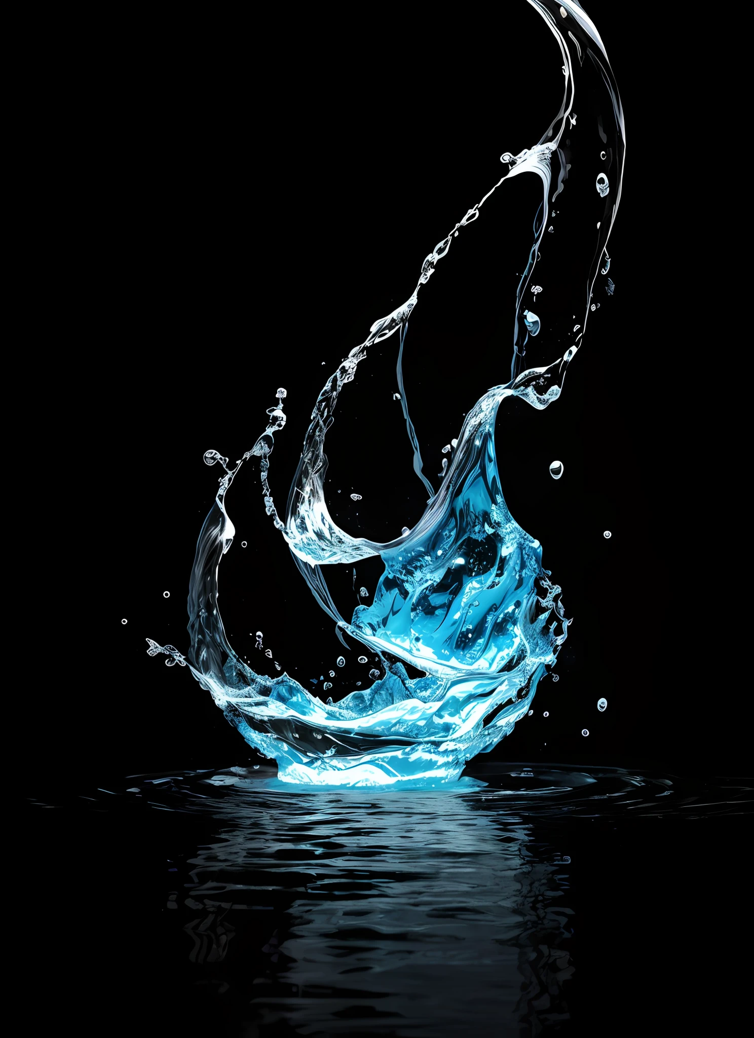 a close up of a water splash on a black background, water particle in front, liquid fire, simulation of water splashes, water splash, on a black background, water swirling, water art photoshop, on black background, water element, photoshop water art, water powers water swirling, there is water splash, water splashing, black-water-background