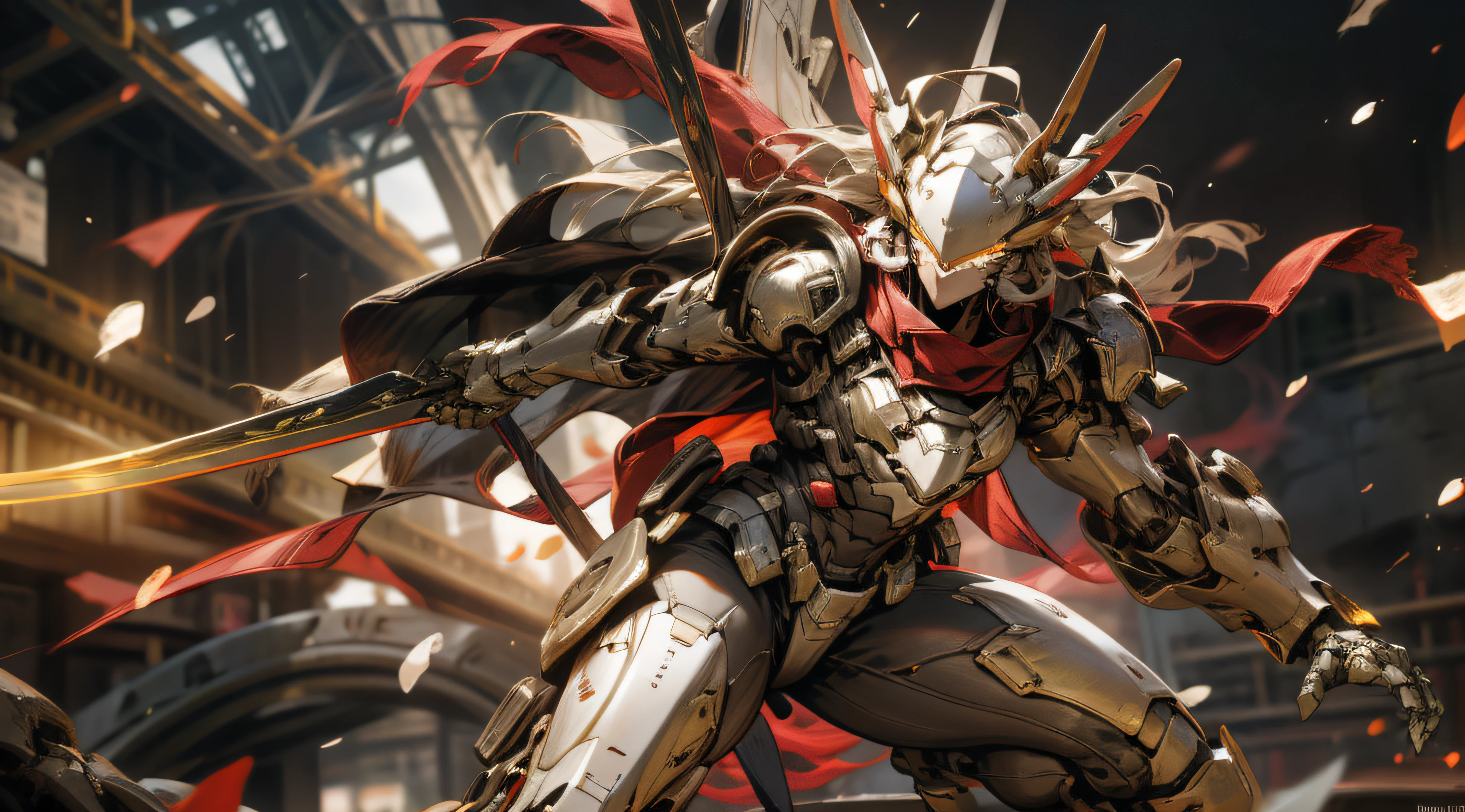 A beautiful game CG with the Doomsday theme armor as the main body, super detail, this is a light black and light white complex structure of the mecha, the mech holds a red glowing wide heavy armor sword, Exudes fiery red light: 1.2, eyes emit dazzling red light: 0.8, 3D two-dimensional drawing, tattered red scarf swaying in the wind, anime drawing, chiaroscuro, light effects, mecha detailed and exquisite, mecha face delicate and clear, light source on the eyes, broken mechanical battlefield burning in the background, battle posture drawing, background fire flow, flow special effects, OWgenji