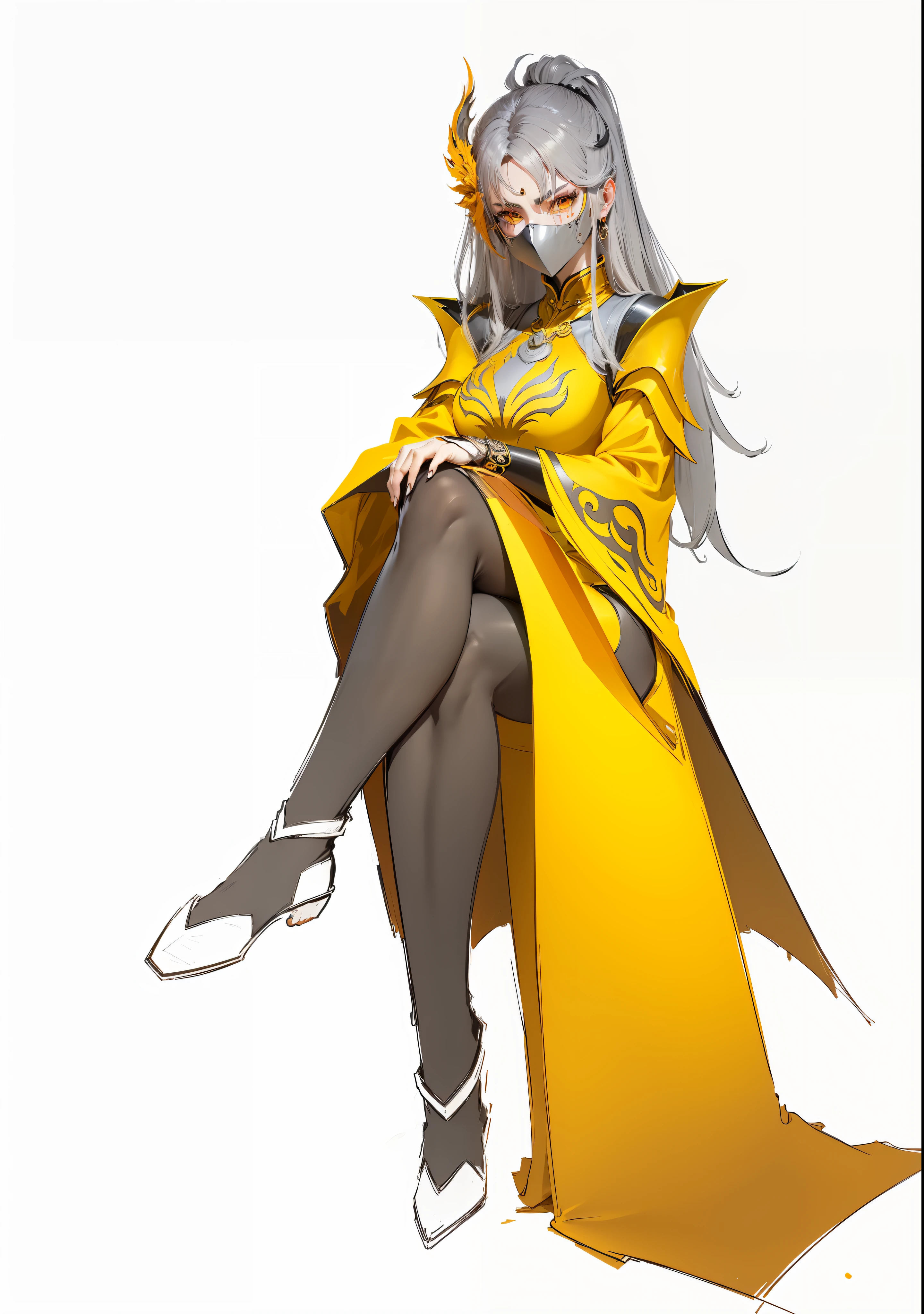 The upper half of the eyes are covered with a metal mask，Wearing black silk，Long legs，Wearing a yellow and orange gradient costume，Orange-yellow gradient，Left and right shoulder armor shoulder armor，Clothes phoenix element，Metal trim on the edges of clothes，Original Drawing，Full body anime characters sitting，Xianxia，ccurate，chiaroscu