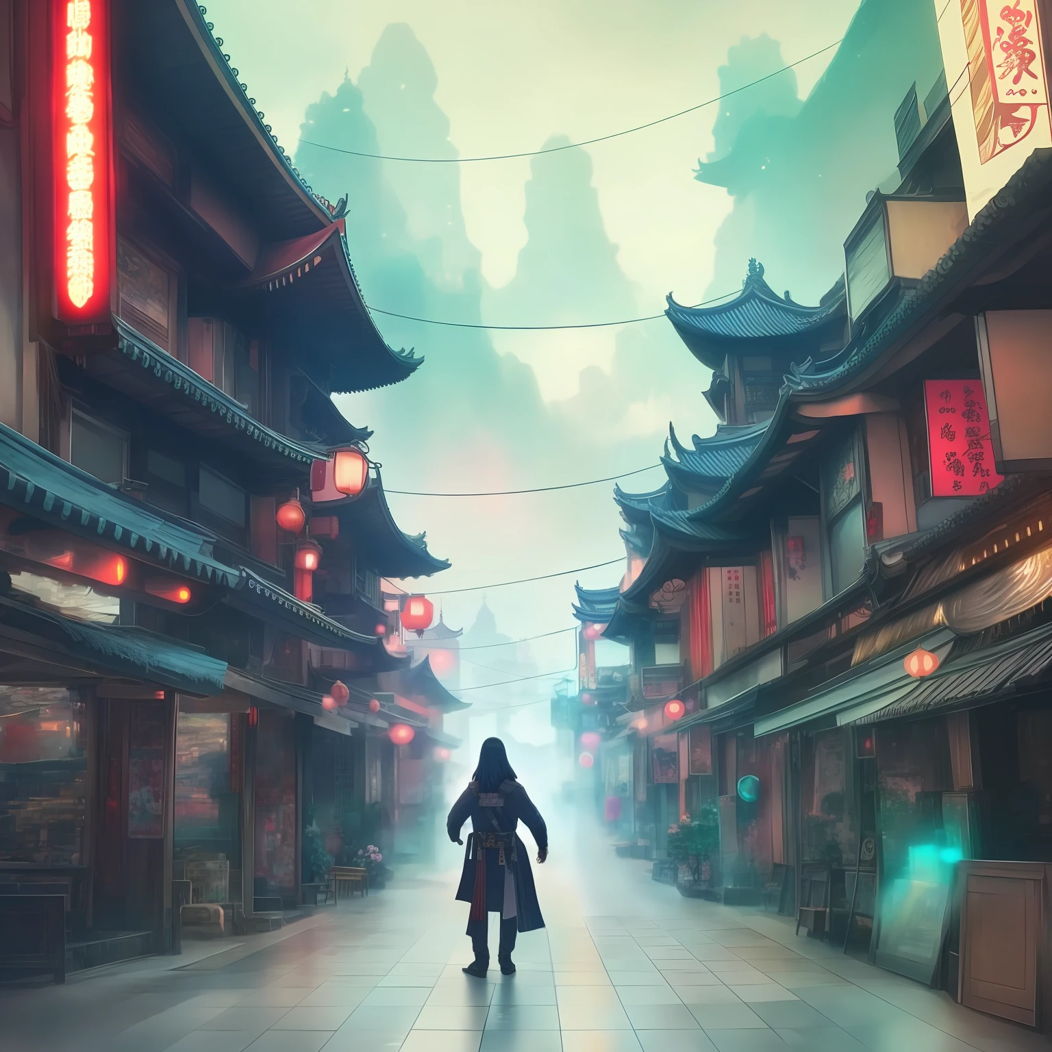 An anime landscape of a city with a lot of buildings and a lot of water, dreamy Chinese towns, Japan city, cyberpunk chinese ancient castle, japanese town, cyberpunk japanese temple, Beautiful rendering of the Tang Dynasty, ancient cyberpunk 8k resolution, andreas rocha style, concept-art | feng zhu, ，A long-haired man in a period costume with a sword on his back stood in the distance，Only the back is seen，ancient wind，Ancient Style，Depiction of the vision，the watercolor style，ink and watercolor painting，Landscape wind --auto