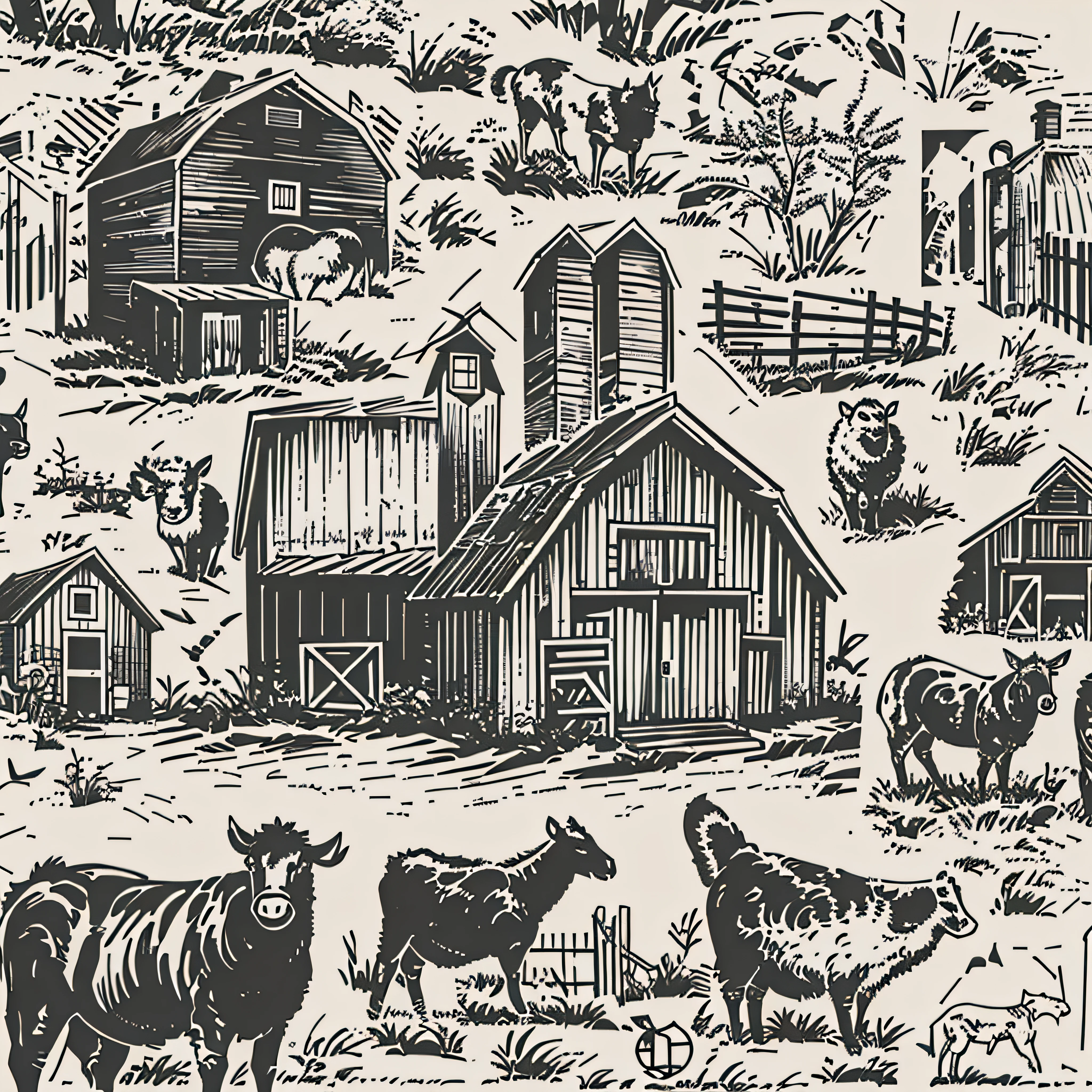 farm, a barn, few animals around, logo design, black and white, ink, stencil, very simple, white background