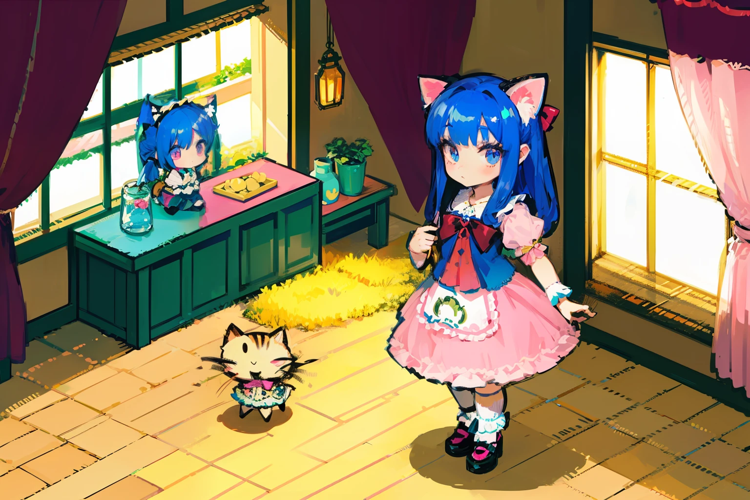 lightblue hair,Cat ears,Pink eyes,pink ta,White socks,pink bows,inside in room