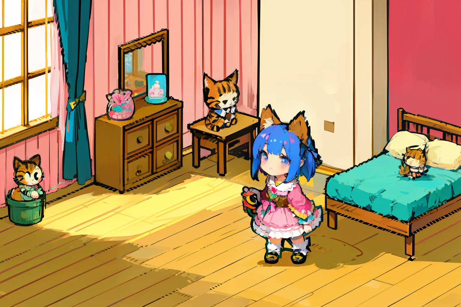 lightblue hair,Cat ears,Pink eyes,pink Lolita,White socks,pink bows,inside in room