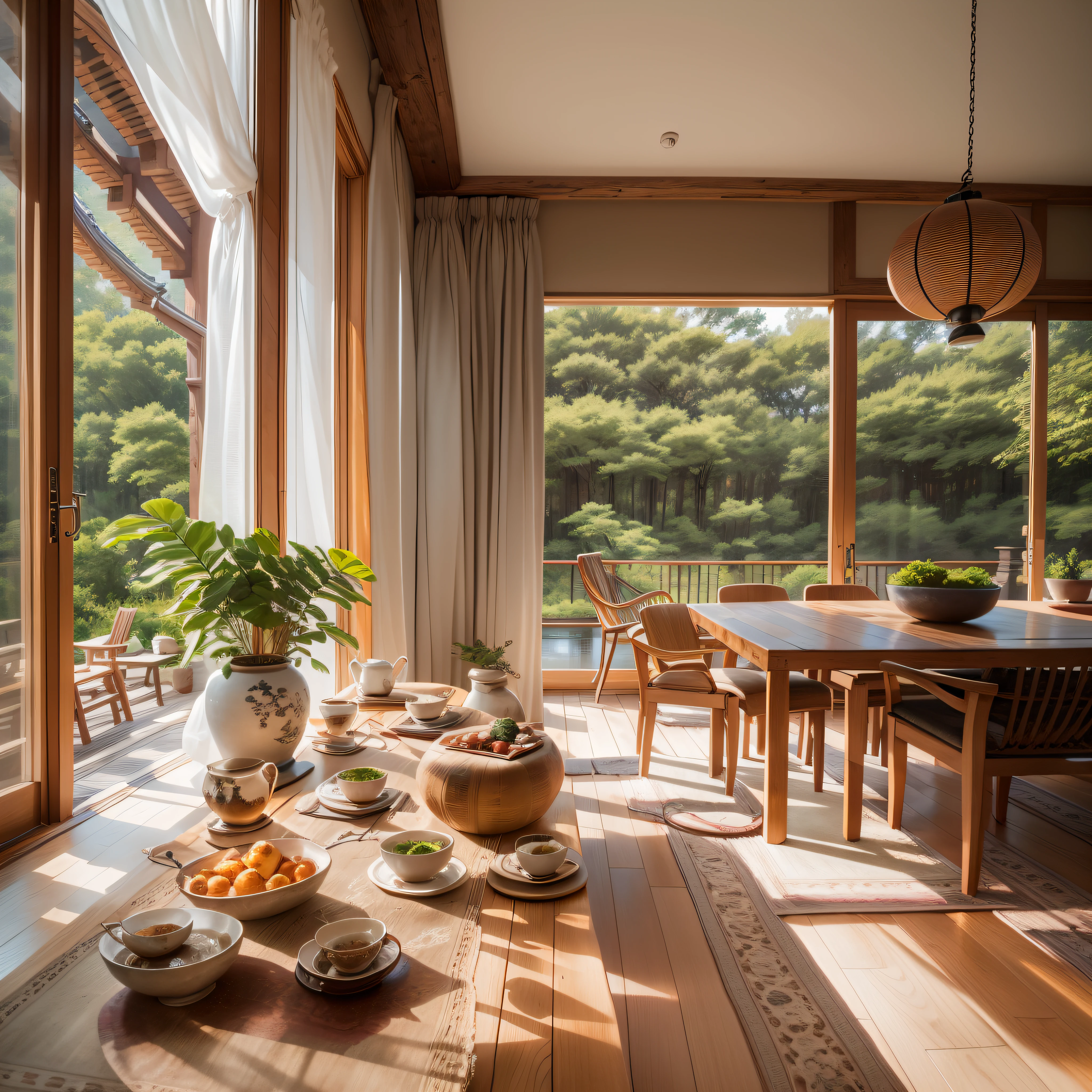 interior design、Insanely detailed wide-angle architectural photo、Cozy contemporary living room、(Bright and warm sunlight 1:0.1)、Award-winning contemporary interior design、landscapes、The table、a chair、in a house、Wooden flooring、window、resturant、east asian east asian architecture、sliding paper doors、abajour、architectural、the woods、naturey、cups、a plant、interior design、Insert lighting and shadows、depth of fields、low illuminance、