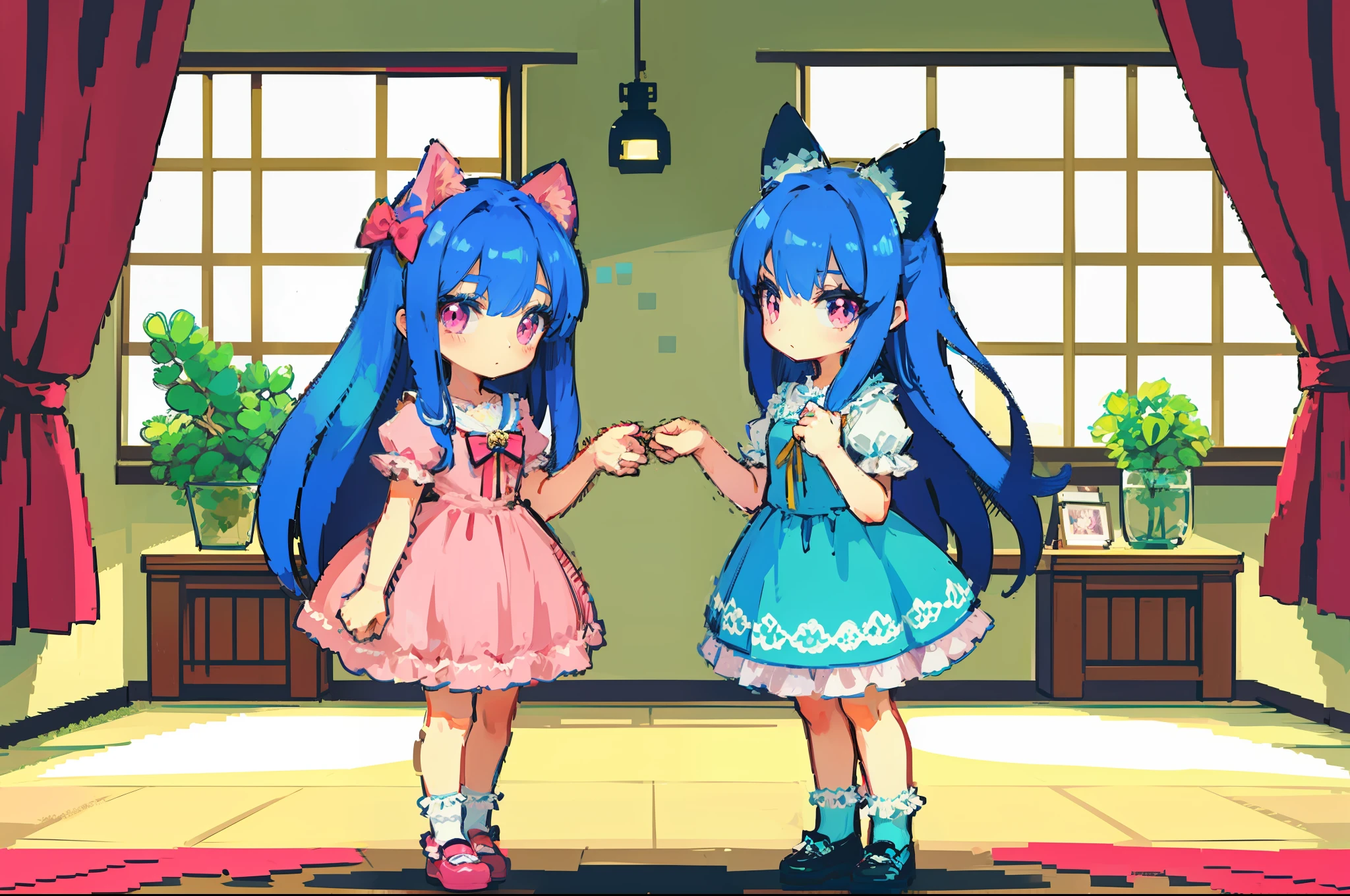 lightblue hair,Cat ears,Pink eyes,pink ta,White socks,pink bows,inside in room