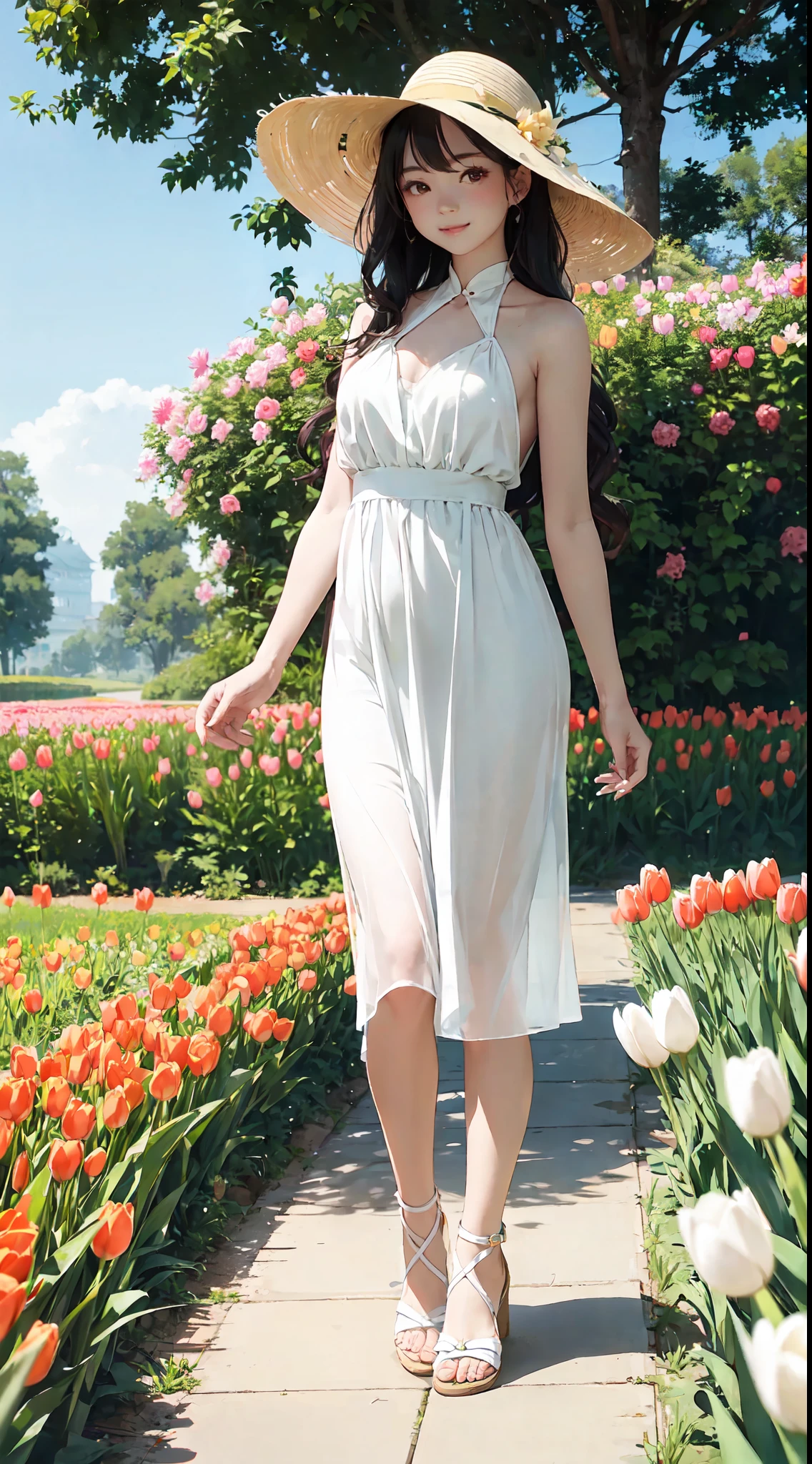 cute very pale chinese 20 year old woman standing in sea of tulips wearing a white halter dress, wearing heeled sandals, subtle smile, tall and slim, long wavy hair, wearing sunglasses, wearing a wide beige sun hat, kneeling, standing in flower field, holding tulips and smelling them, dreamy expression