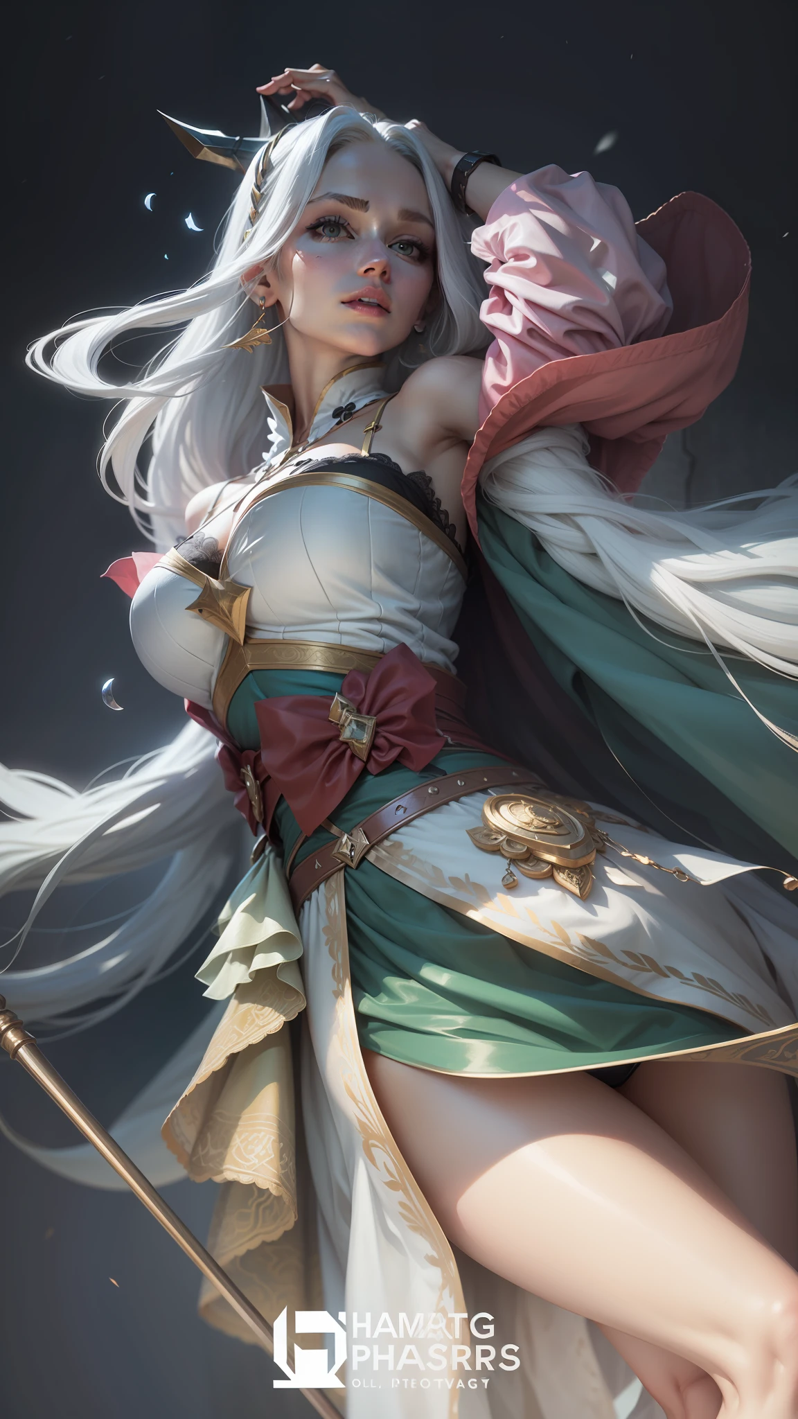1girl, Pharsa, long hair, white hair, black lingerie, realistic,