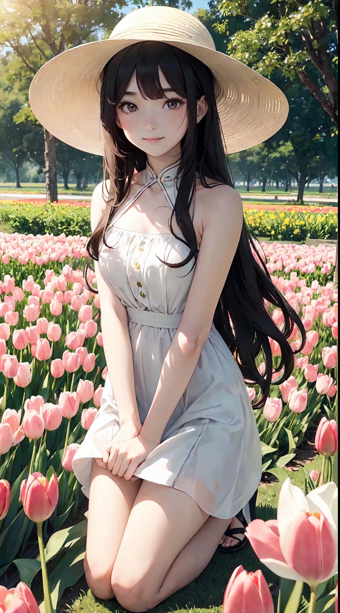 cute very pale chinese 20 year old woman standing in sea of tulips wearing a white halter dress, wearing heeled sandals, subtle smile, tall and slim, long wavy hair, wearing sunglasses, wearing a wide beige sun hat, kneeling, standing in flower field, holding tulips and smelling them, dreamy expression