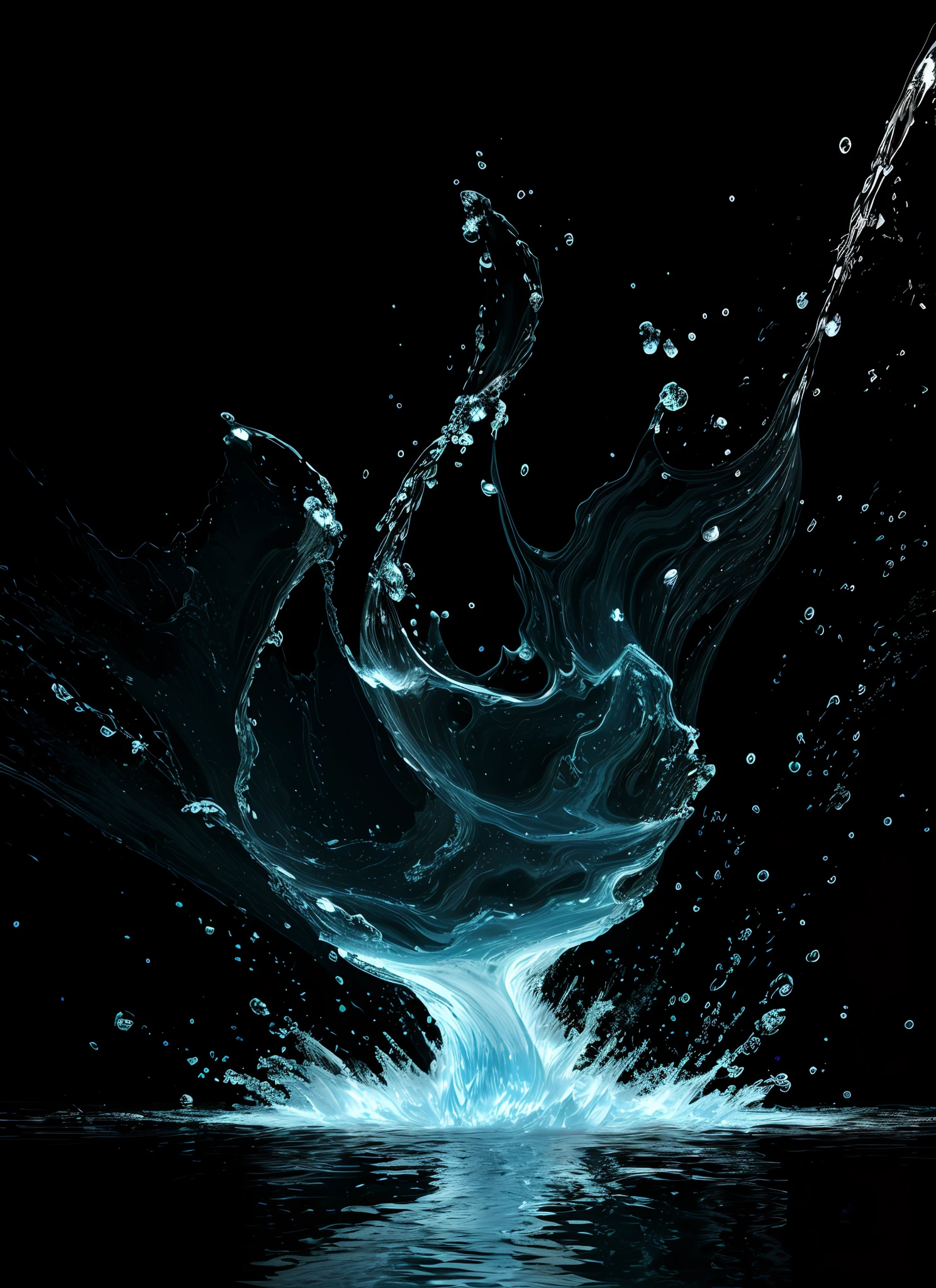 a close up of a water splash on a black background, water particle in front, liquid fire, simulation of water splashes, water splash, on a black background, water swirling, water art photoshop, on black background, water element, photoshop water art, water powers water swirling, there is water splash, water splashing, black-water-background