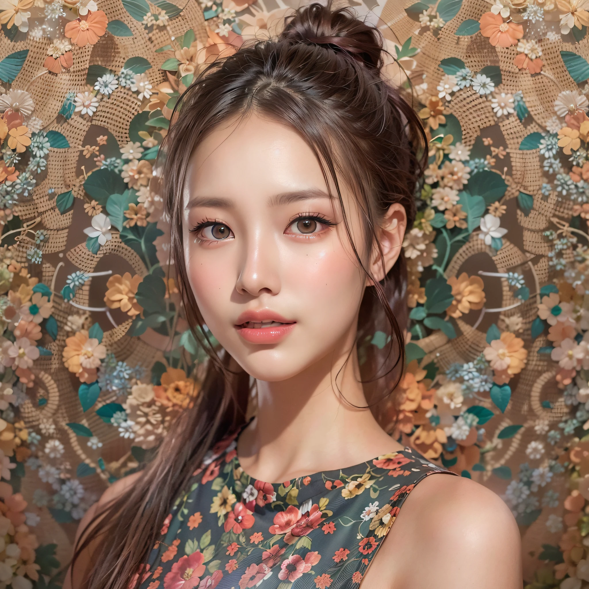 Compositions with coloful geometric arabesque patterns, (poneyTail, dark brown hari), (top-quality, Photorealsitic:1.4, masterpiece:1.3, RAW Photography:1.2, cinematric light, very detailed illustration), (1woman:1.3, solo), (asian girl, ultra delicate face, ultra Beautiful fece, ultra delicate eyes, ultra detailed nouse, ultra detailed mouth, ultra detailed facial features), ite woman, (midium breast:1.3), from the front side, skiny, lipgloss, a smile