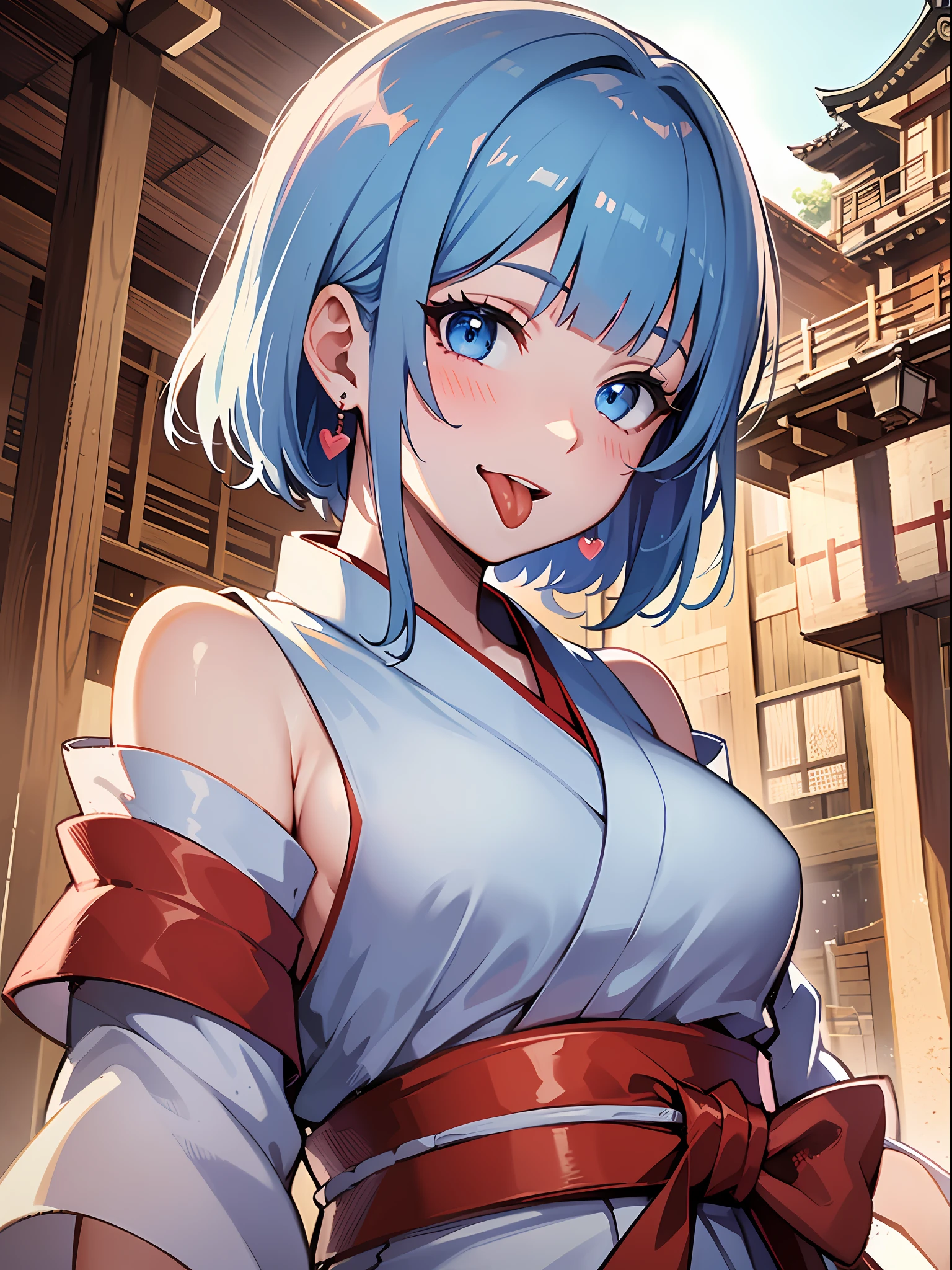 (masterpiece:1.3), (best quality:1.3), high resolution, 


dutch angle, couboy shot, 
leaning forward, breast squeeze, body facing forward, 

(one cute girl:1.3), solo, 
white skin, small Breast, eight-headed person, 
light blue hair, (bobbed hair:1.2), (short hair:1.2), (blunt bangs:1.2), beautiful hair, blue eyes, beautiful detailed eyes, 

(tongue out:1.3), blush, heart, cheerful smile, 

shrine maiden, white and red shrine maiden, detached sleeves, earrings, 

outdoors, shinto shrine, japanese style town, cherry tree, 

shadowlighting,