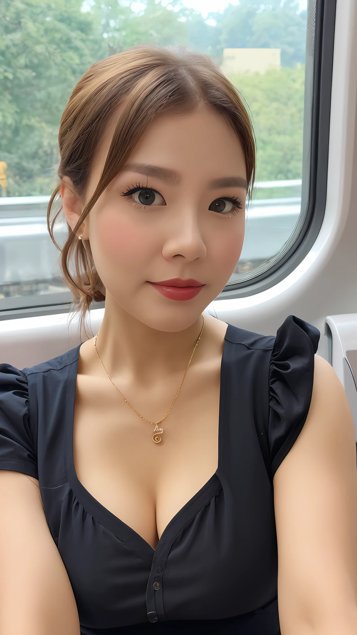 Araf woman in black dress sitting on train looking at camera, 2 8 years old, 2 7 years old, 2 9 years old, 3 2 - year - old, 30 year-old woman, 3 0 years old woman, 38 years old, Gorgeous young Korean woman, 3 6 years old, beautiful Korean women, 2 3 years old, 8k selfie photograph