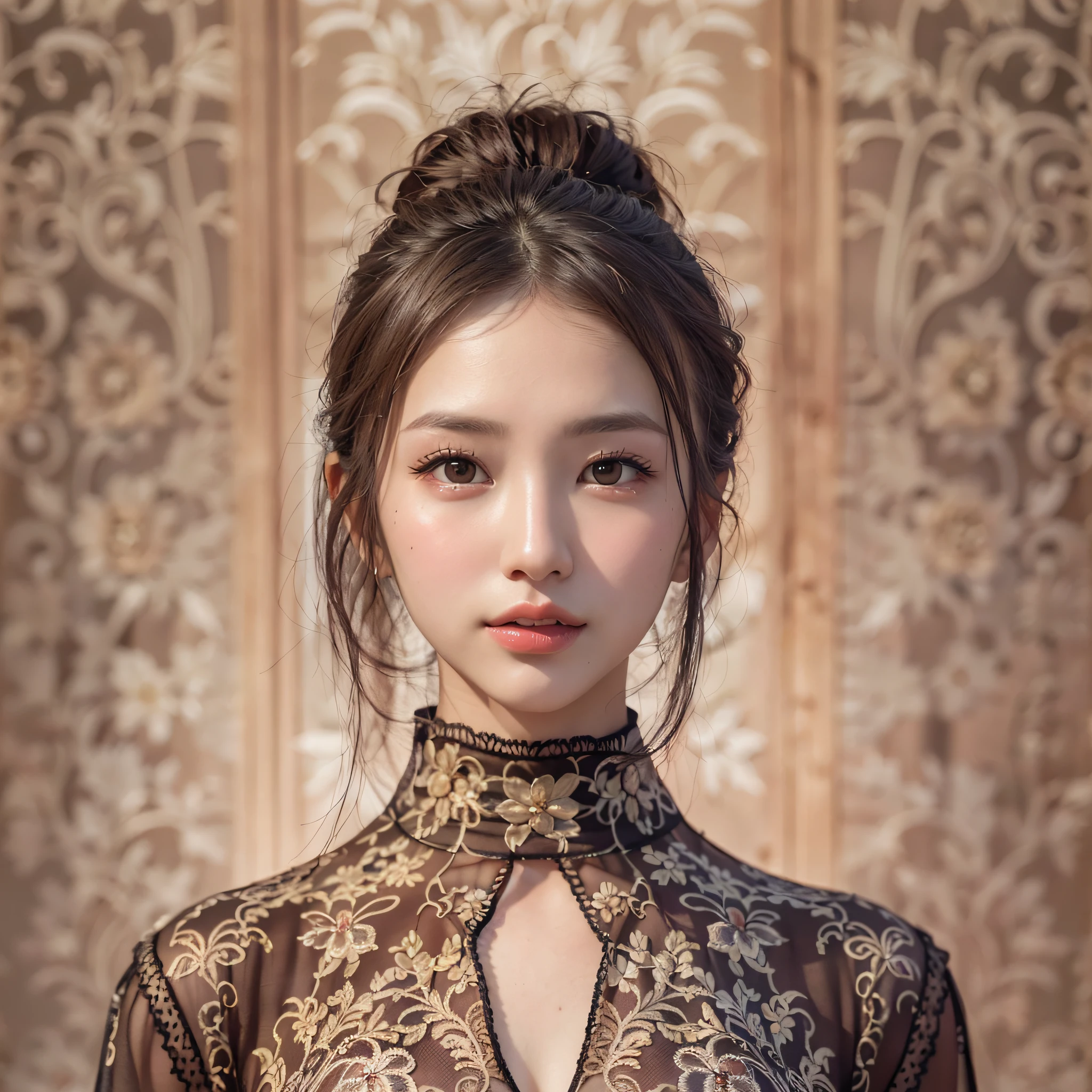 Compositions with geometric arabesque patterns, (poneyTail, dark brown hari), (top-quality, Photorealsitic:1.4, masterpiece:1.3, RAW Photography:1.2, cinematric light, very detailed illustration), (1woman:1.3, solo), (asian girl, ultra delicate face, ultra Beautiful fece, ultra delicate eyes, ultra detailed nouse, ultra detailed mouth, ultra detailed facial features), petite woman, (midium breast:1.3), from the front side, skiny, lipgloss, a smile